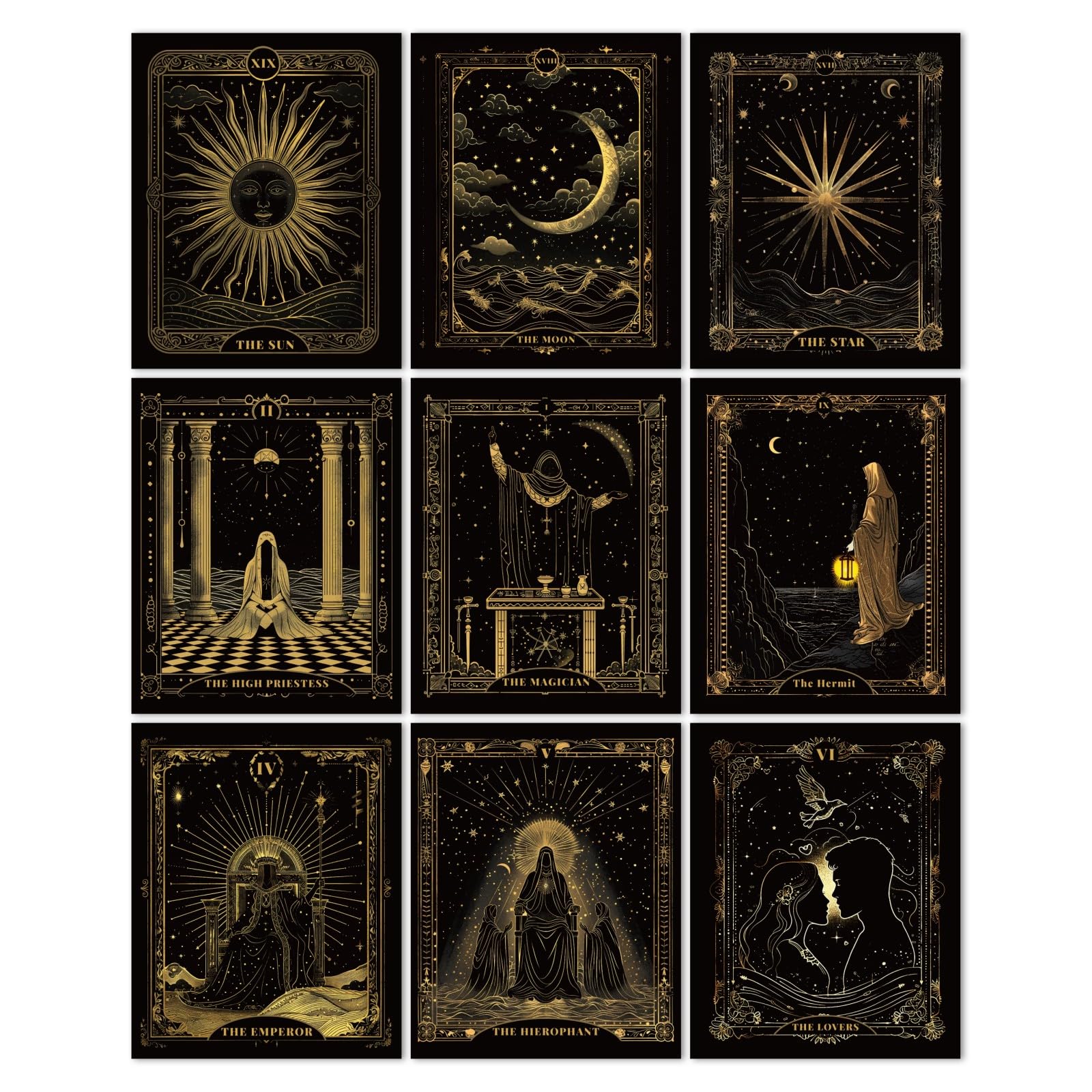 CRAFTYMELODY Tarrot Wall Art Prints Set of 9 Gold Black Tarrot Theme Poster Wall Decor Home Artworks for Gallery Living Dining Room Bedroom Bathroom Home Decoration 8x10 Inch Unframed