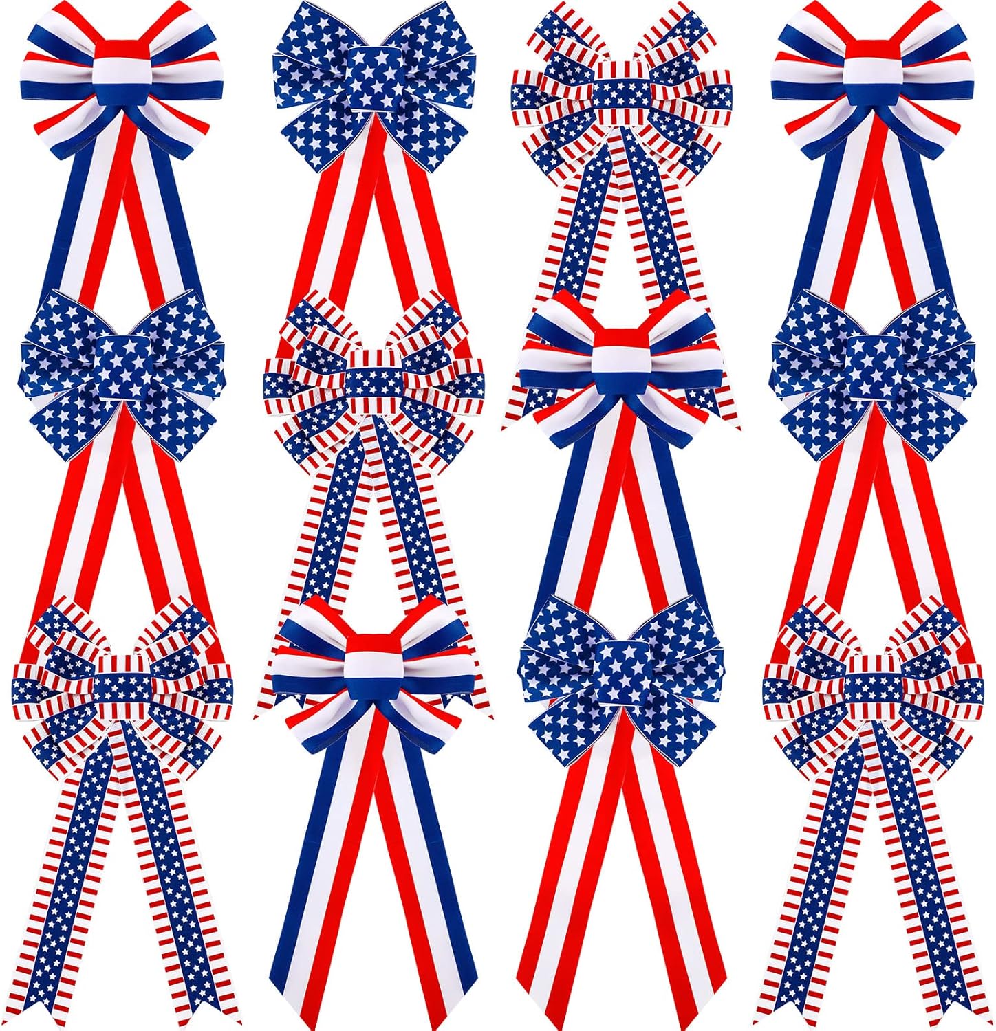 WILLBOND 4th of July Patriotic Wreath Bows, Red White Blue Star Stripe American Flag Bows, Independence Day Memorial Day Patriotic Decorations for Indoor Outdoor Wreath Porch Home Party Decor(12 Pcs)