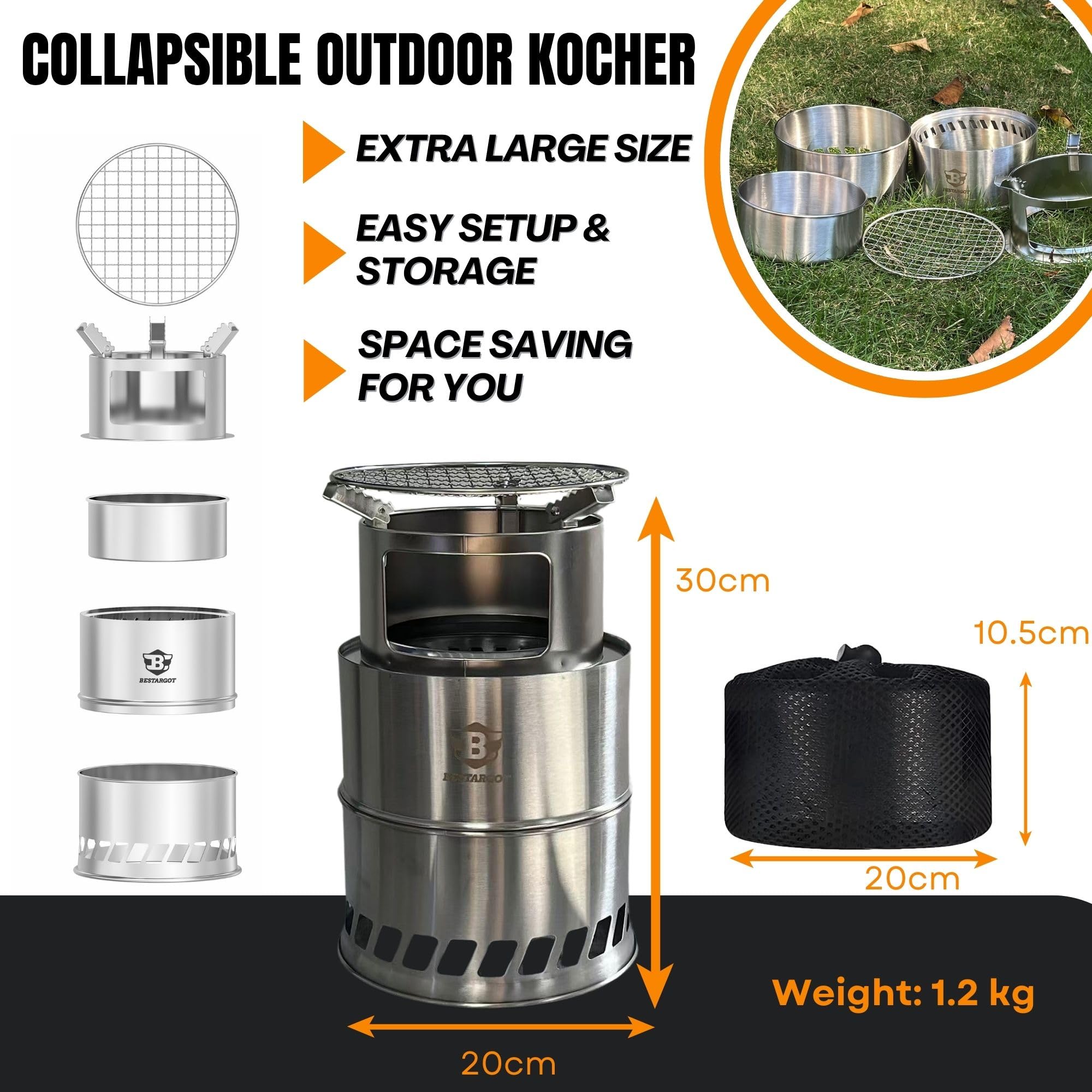 Bestargot Campingkocher Gas und Holz – Tragbarer rauchfreier Outdoor Ofen, Hobo Kocher mit Gaskartusche und Holzvergaser – DE