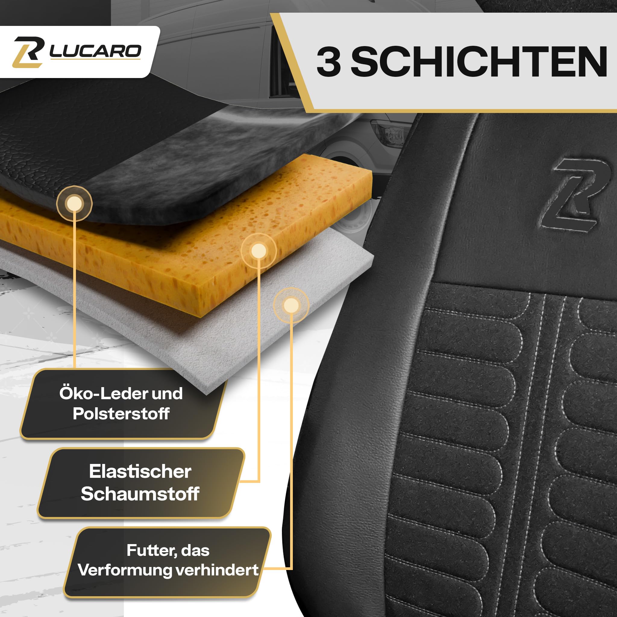 LUCARO Sitzbezüge Auto Set für Renault Master 4, Nissan Interstar 3 Schwarz | Lucaro Sitzbezug Set Zubehör Rückenlehne und Sitzfläche geteilt - TORNADO Schonbezug Autositz Vorne mit Öko-Leder