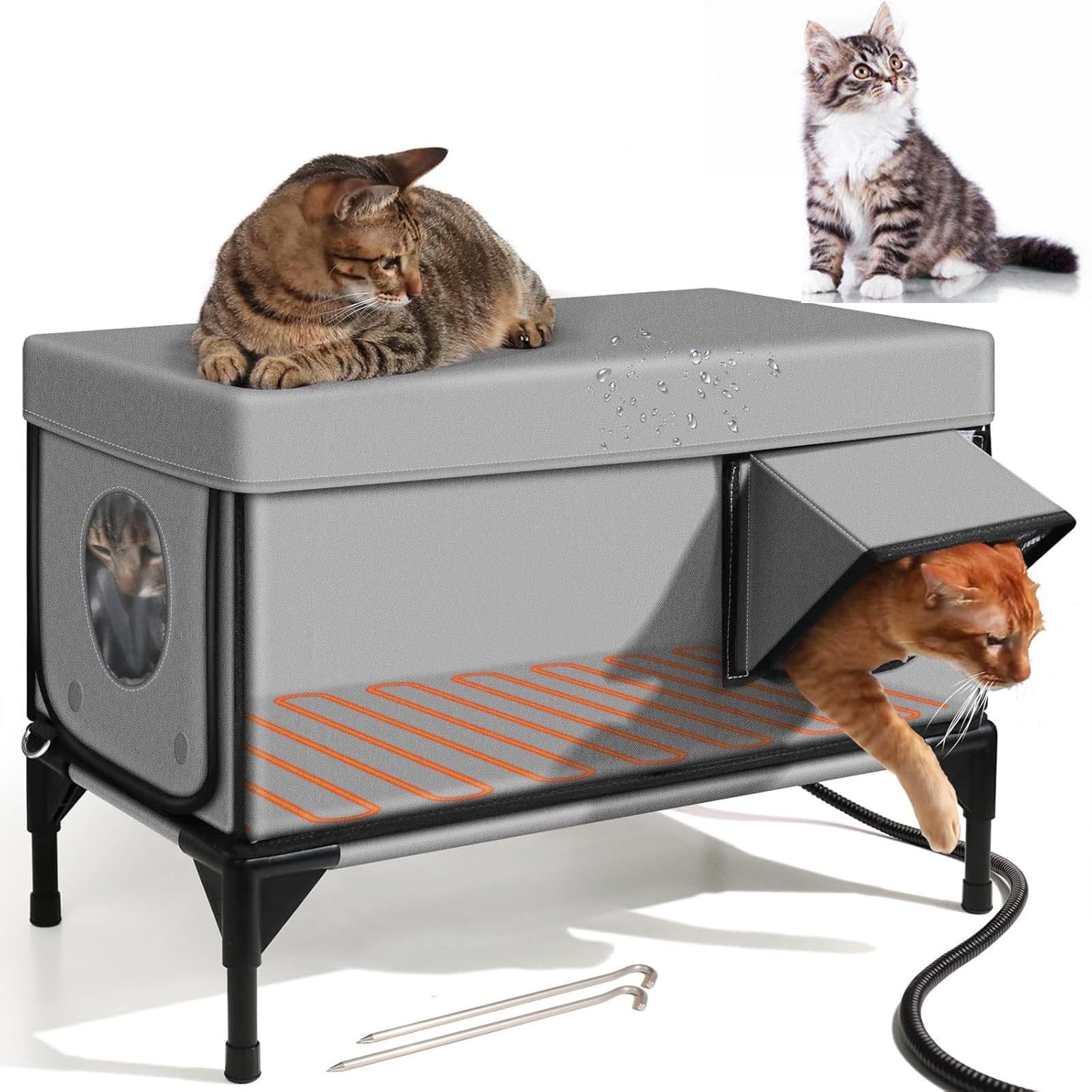 Kioxiuin Outdoor Heated Cat House with Waterproof Design, Windproof Pet Shelter, Includes Heating Pad and Elevated Base, Ideal for Feral and Stray Cats, Features Escape Door for Outdoor Use