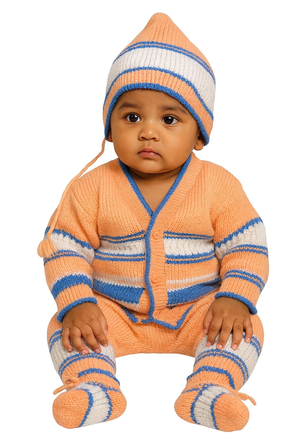 Vedira Premium Woolen Baby Sweater Set for Winter Full Sleeves Cardigan, Pant, Cap & Socks | Soft Knitted Wool Clothing Se...