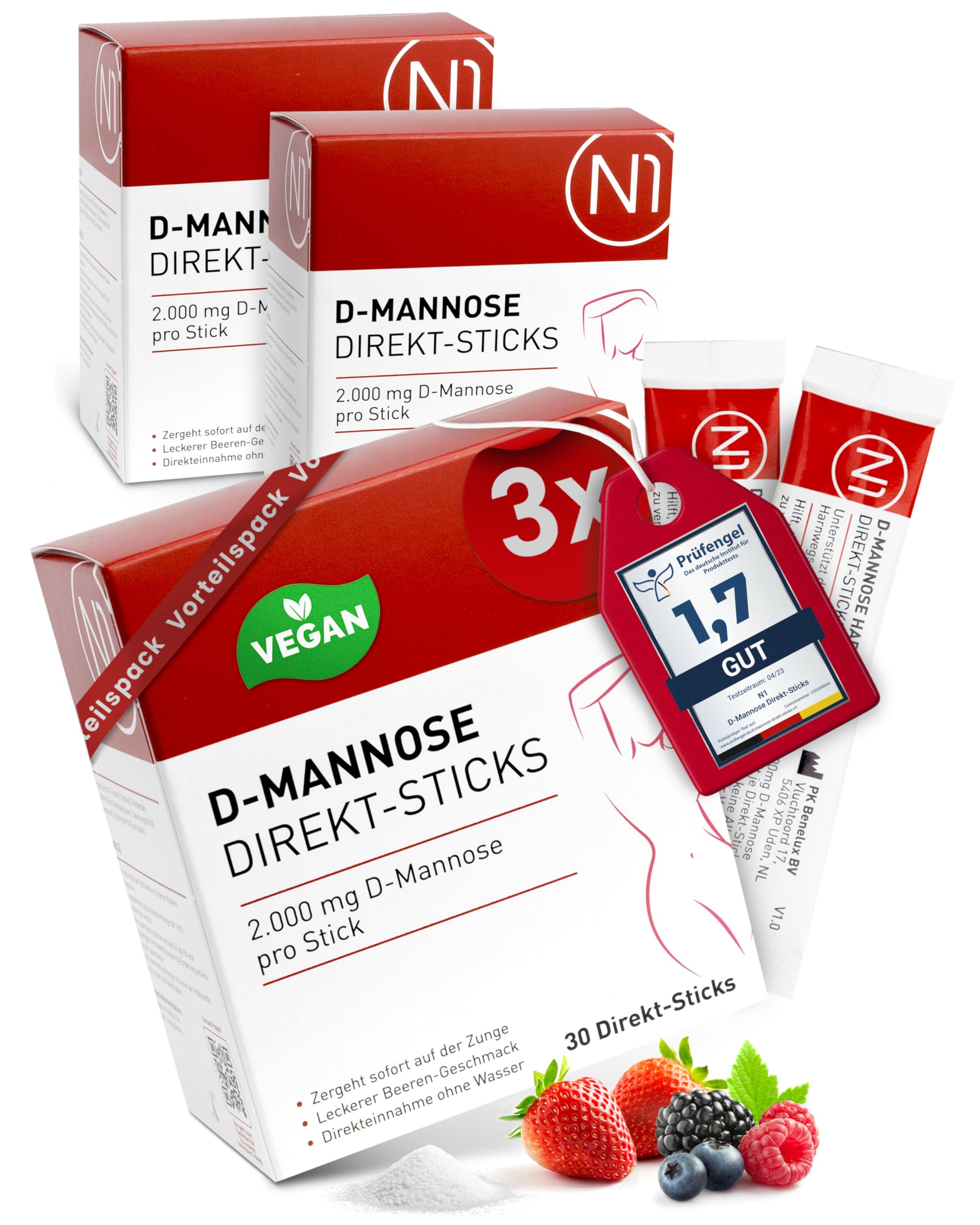 N1 D-Mannose Direkt-Sticks 90 Stück - 2.000mg D-Mannose pro Stick - vegan, glutenfrei & ohne unnötige Zusatzstoffe - praktisch für unterwegs - ideal als Nahrungsergänzungsmittel