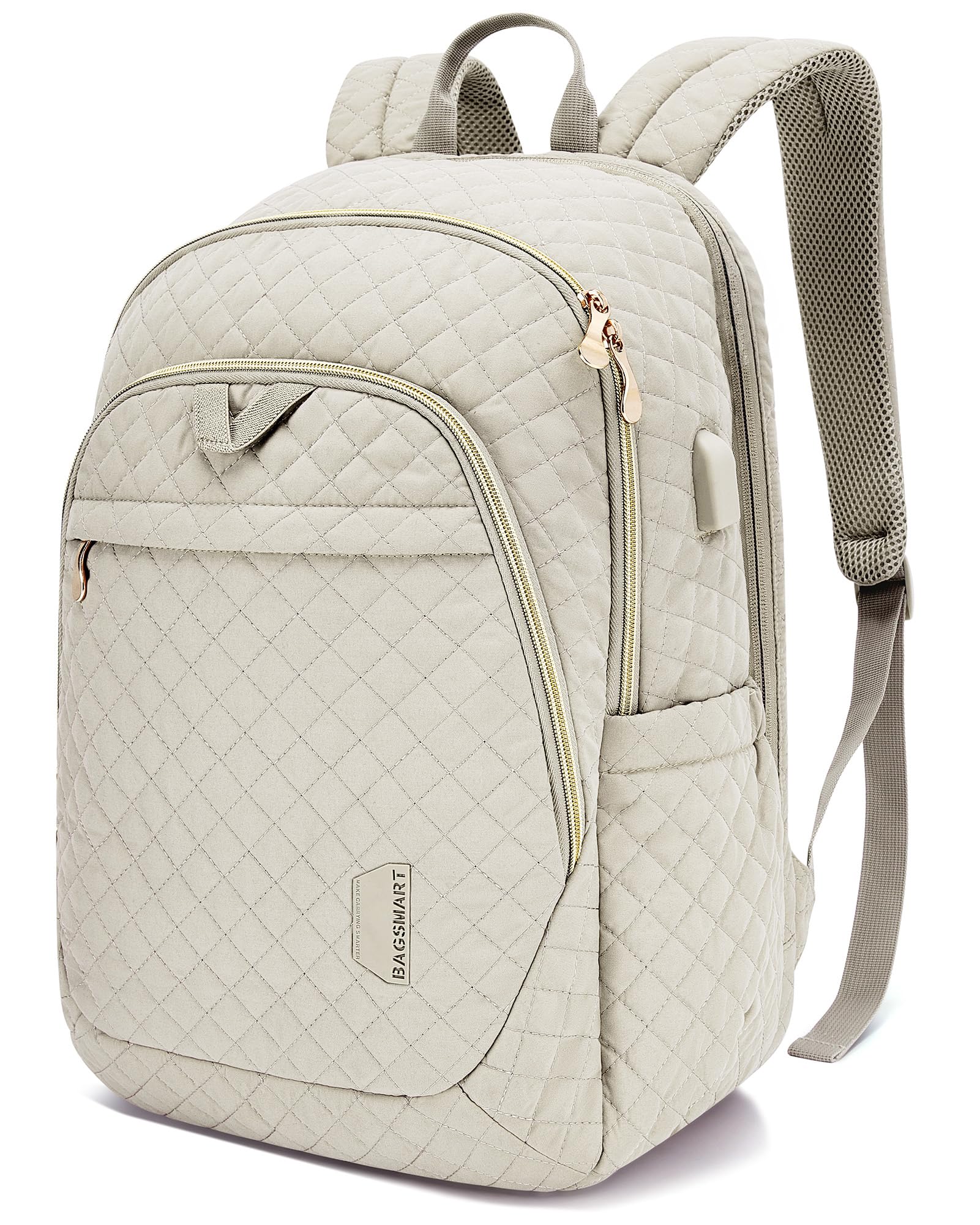 BAGSMART Travel Laptop Backpack Women, 15.6 Inch Laptop Backpack with USB Charging Port, Casual Daypack College Bookbag Computer Backpack for Work, Quilted Beige