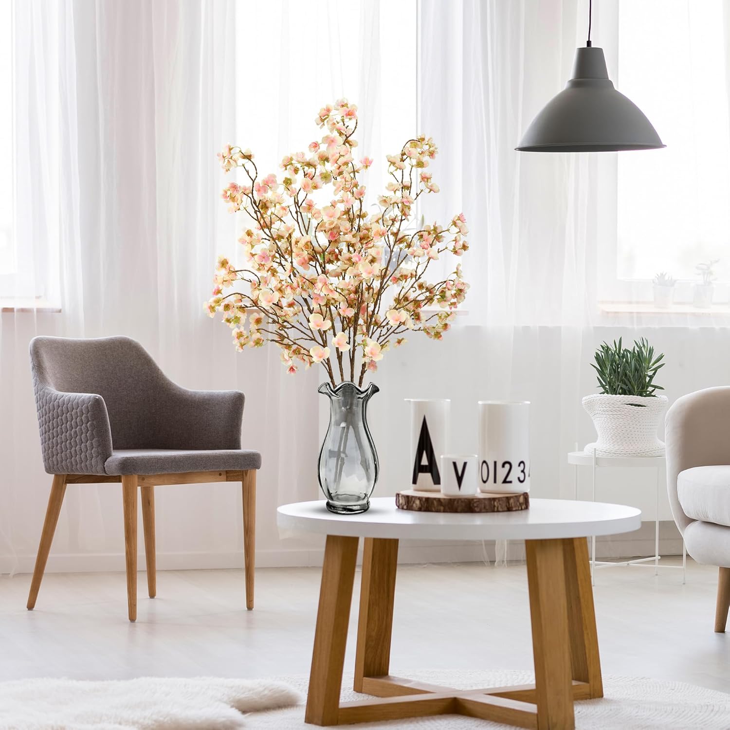 Sggvecsy Artificial Cherry Blossom Flowers 4 Pcs Faux Cherry Blossom Stems Faux Silk Cherry Blossom Branches 41’’ Fake Flowers Long Stems for Vase Arrangements Home Wedding Table Decor (Champagne)
