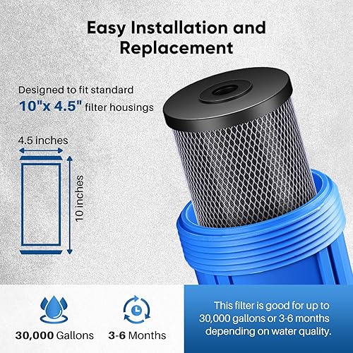 Miniatura 6 de Cartucho de repuesto de filtro de agua de carbón activado con cáscara de coco para toda la casa, compatible con WFHDC8001, CB-BB-10, FXHTC, GXWH40L,