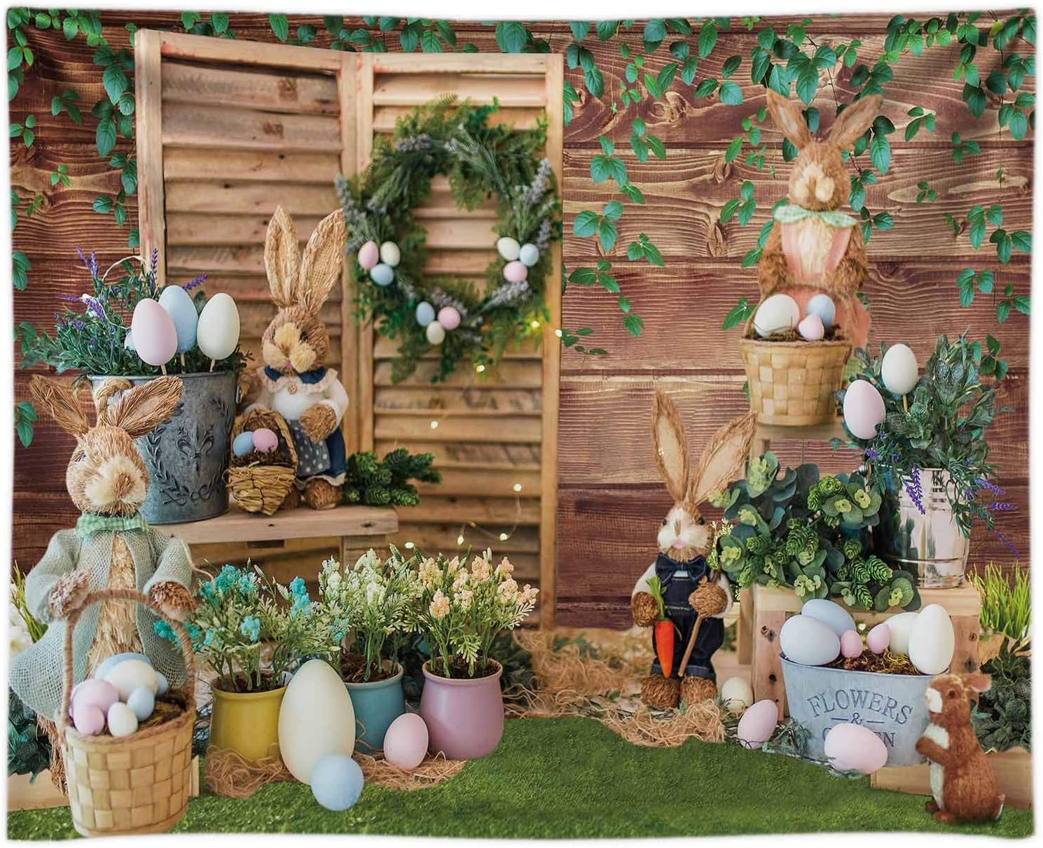 Buy 1 get 1 Funnytree 10x8FT Fabric Spring Happy Easter Backdrops for Photography Bunny Rabbit Grass Rustic Wood Background Baby Shower Party Supplies Decor Banner Portrait Studio Photoshoot Prop Photobooth Gift