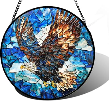DASTOLL Stained Glass Window Hanging, Blue Sky Eagle Flying Sun Catchers Colorful Glass Panel Birds Suncatcher Decor for Birthday for Women, Men, Wife, Aunt, and Mom 11.8x11.8 in