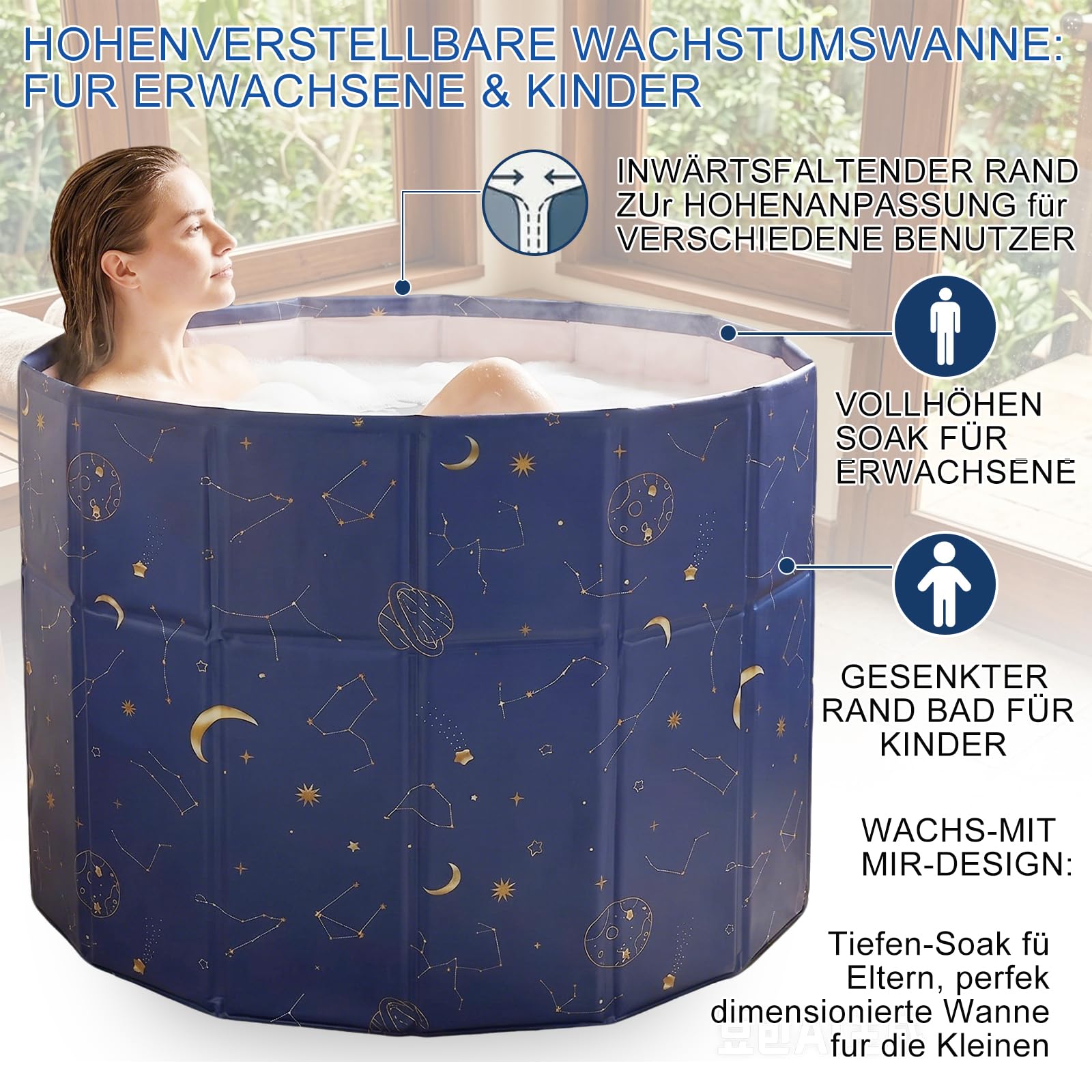 Faltbare Badewanne, Badewanne für Dusche, Mobile Sitzbadewanne für Dusche, Eisbaden Tonne 31.5 * 25.6 in/80 * 66 cm mit nach innen klappbarem Rand für Kinder & Erwachsene (Hellblau)