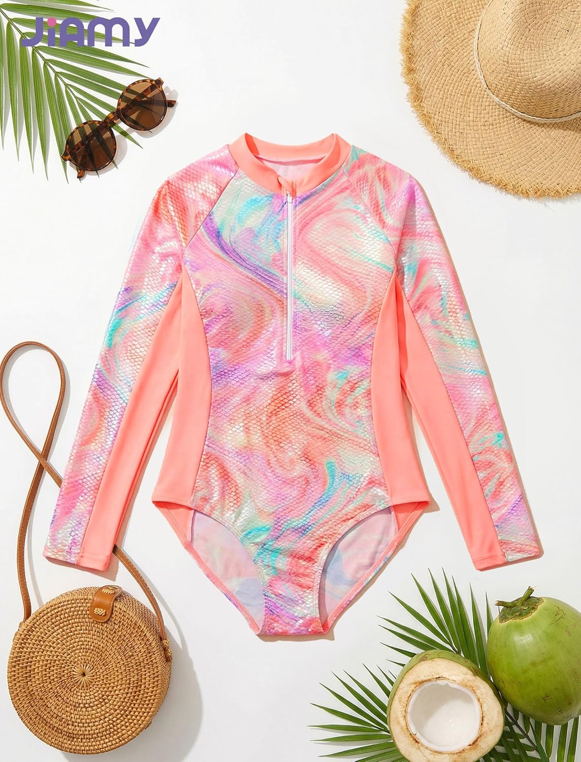 JiAmy Girls One Piece Swimsuit Toddler Long Sleeve Gradient Mermaid Bathing Suit Summer Beach Swimwear Zipper for 3-12Y