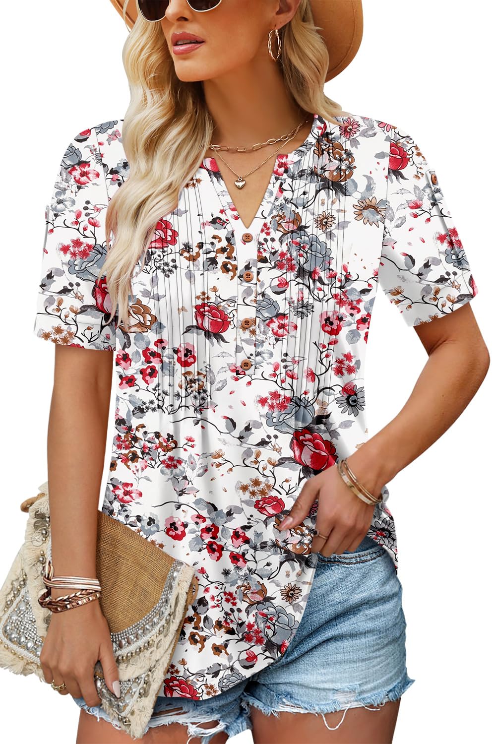 CHICZONE Women Short Sleeve Tunic Tops Summer V Neck T-Shirt Blouse Casual Shirt