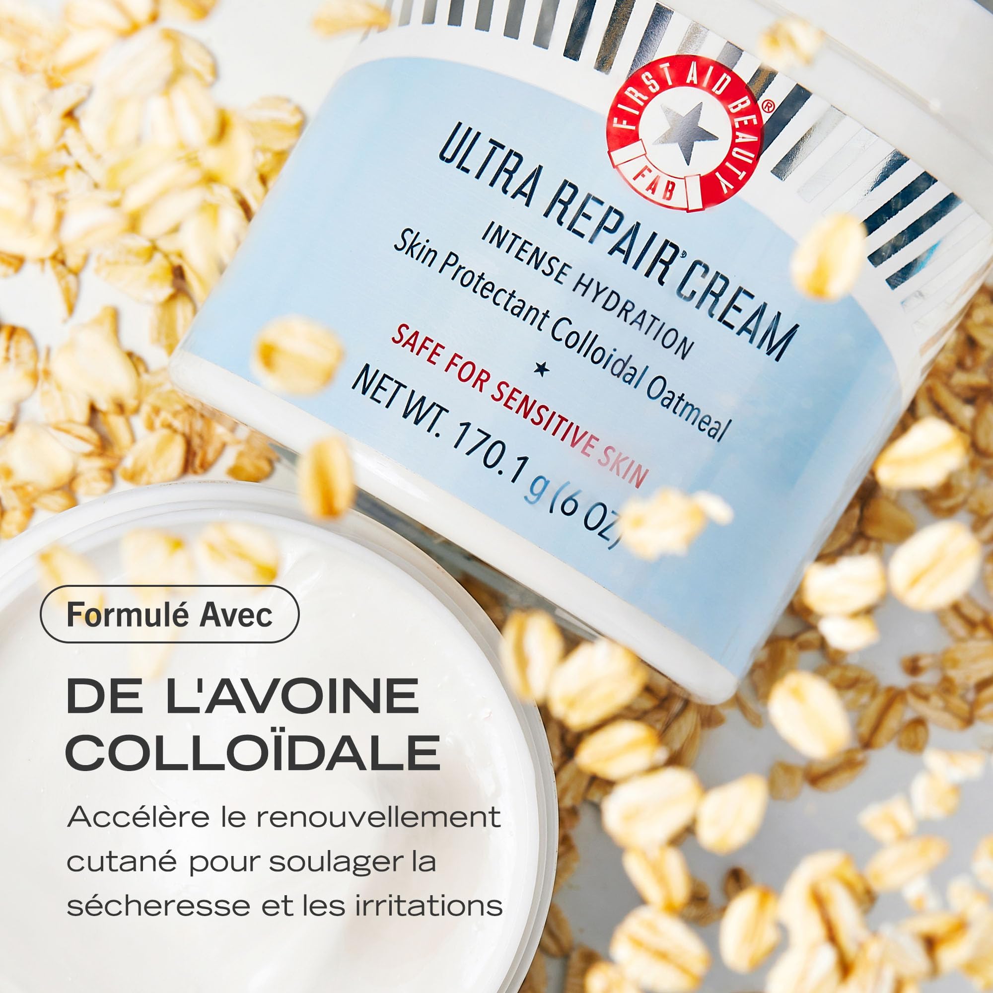 First Aid Beauty FAB, Ultra Repair Cream, Crème Ultra Réparatrice, Crème Hydratante Intensive pour Visage et Corps (170 g), Protège et Restaure la Peau Grasse ou Sensible