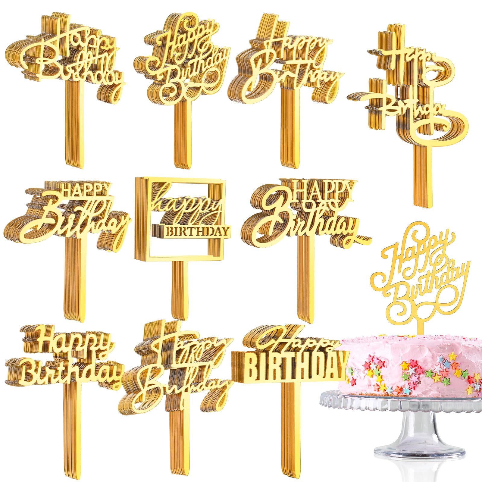 Photo 1 of 150 Pcs Happy Birthday Cake Toppers Acrylic Cake Topper Glitter Birthday Cake Decorations Double Sided for Adults Various Cake Decoration Party Supplies(Gold,Brief)