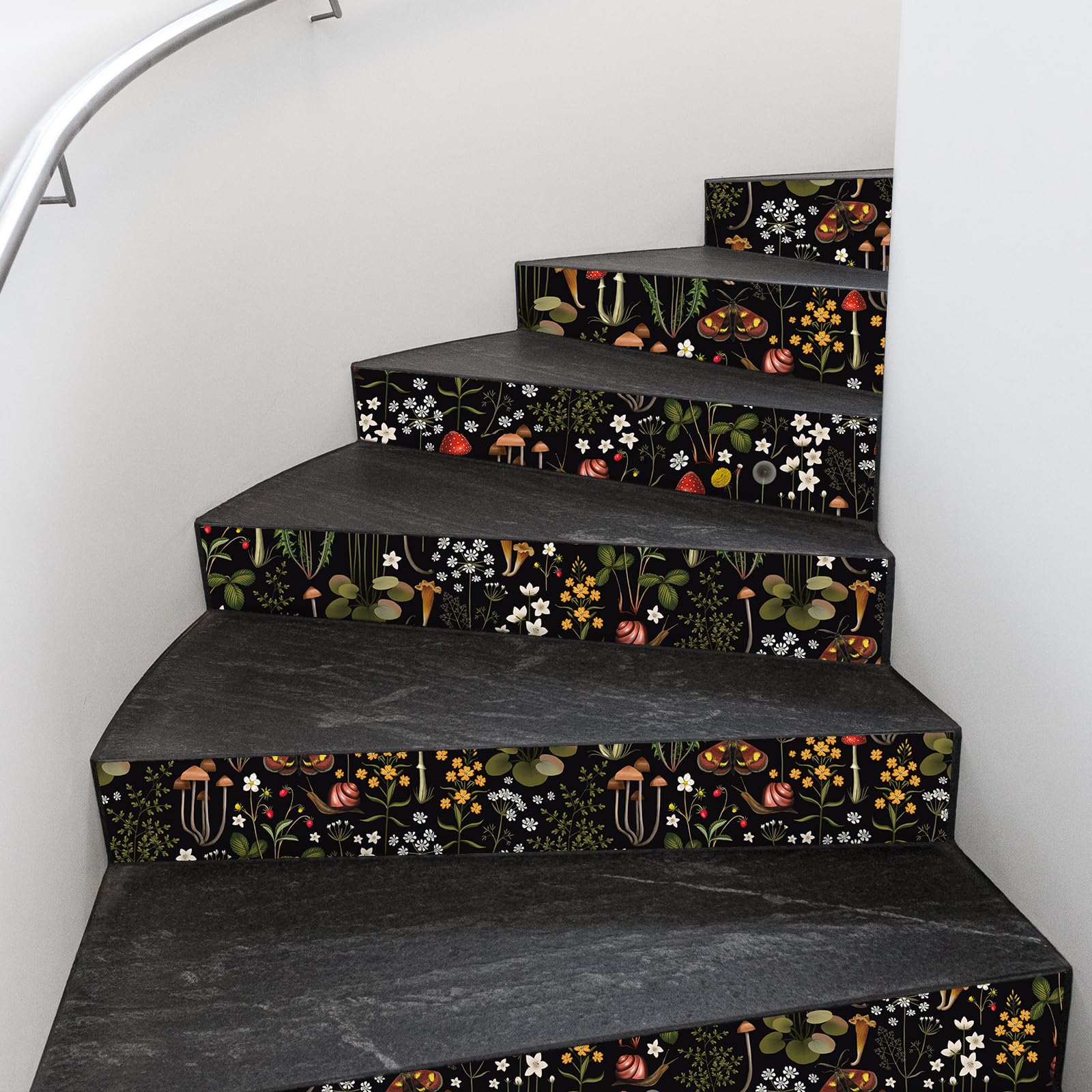 VEELIKE Papel Pintado Flores Negro 44.5cm×900cm Selva Tropical Champiñón Papel de Pared Hojas Caracol Fotomurales Decorativos Pared Dormitorio Papel Adhesivo para Muebles Cocina Papel Tapiz Baño