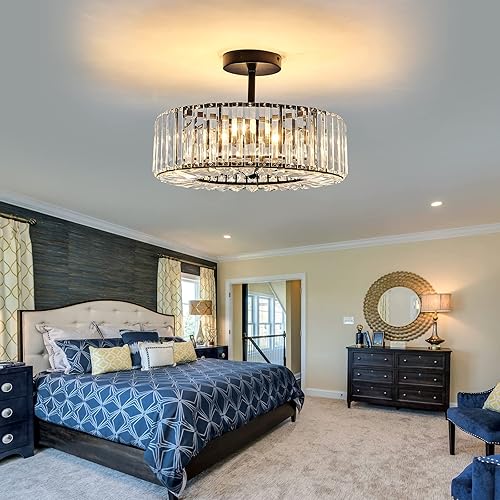 Miniatura 6 de DAFKOS 4 Lights Modern Crystal Chandelier Black Round Semi Flush Mount Ceiling Light Fixture Farmhouse Chandelier for Dinning Room Living Room