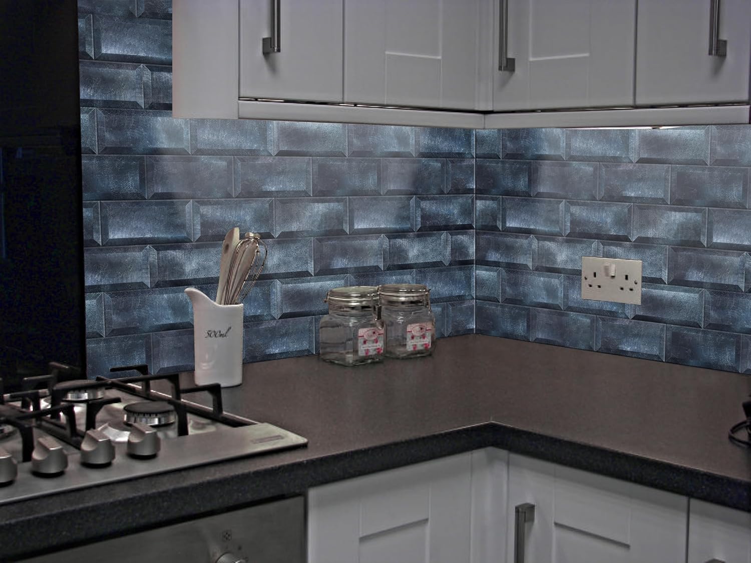 Peel and Stick Backsplash Subway Tile, 3" x 6" Beveled Design Metal Stick on Backsplash Subway Tiles for Kitchen Bathroom Fireplace (44-Piece, Abyssal)