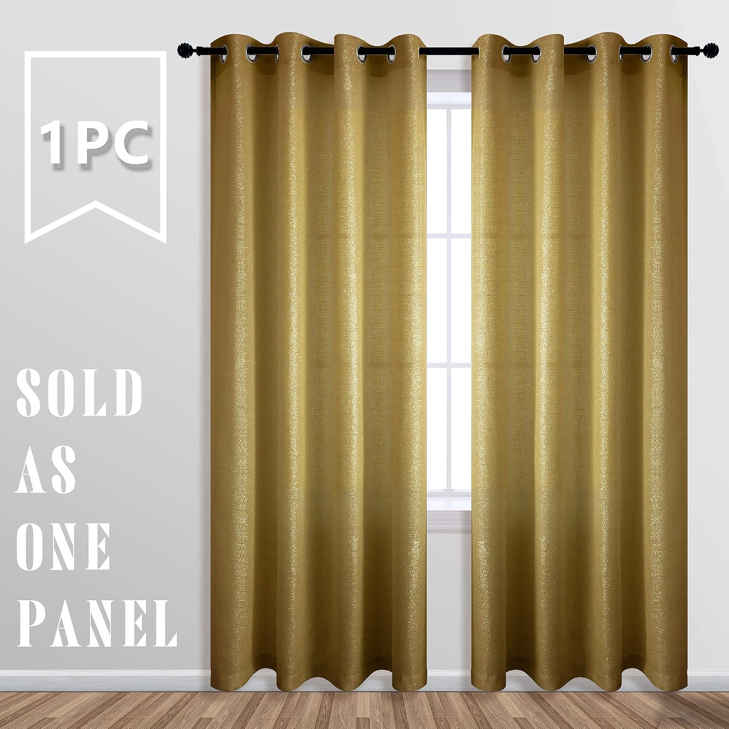 KOUFALL Gold Curtains for Luxury Living Room,Single Panel 84 Inches Long Semi Sheer Grommet Glow in The Dark Shimmer Holiday Curtains for Bedroom Dining Room Window 84 Inch Length - Image 3