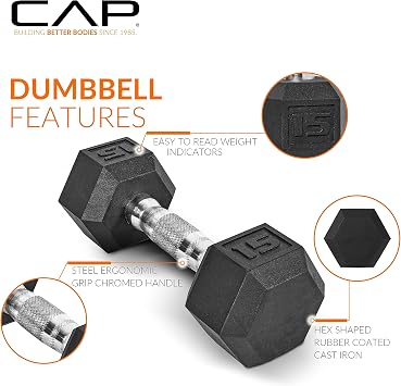 CAP Rubber Coated Hex Dumbbell Set with Storage Rack | 100210 lb Options, Space-Saving Vertical Compact Storage for Home Gym Strength Training