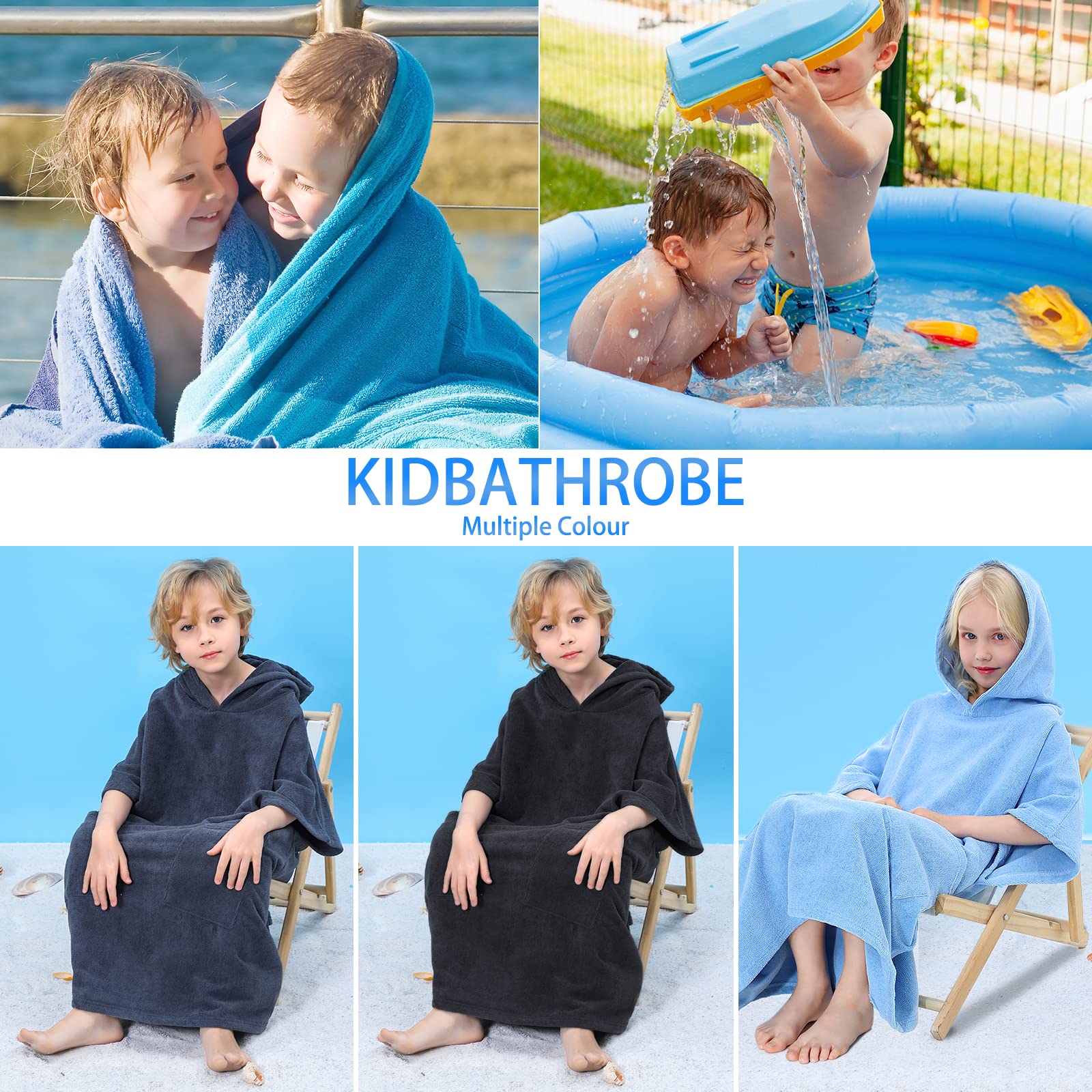 TOMEEK Poncho Toalla Infantil con Capucha Toalla de Playa con Dos Bolsillos Poncho de Surf para Niños con Capucha de Secado Rápido