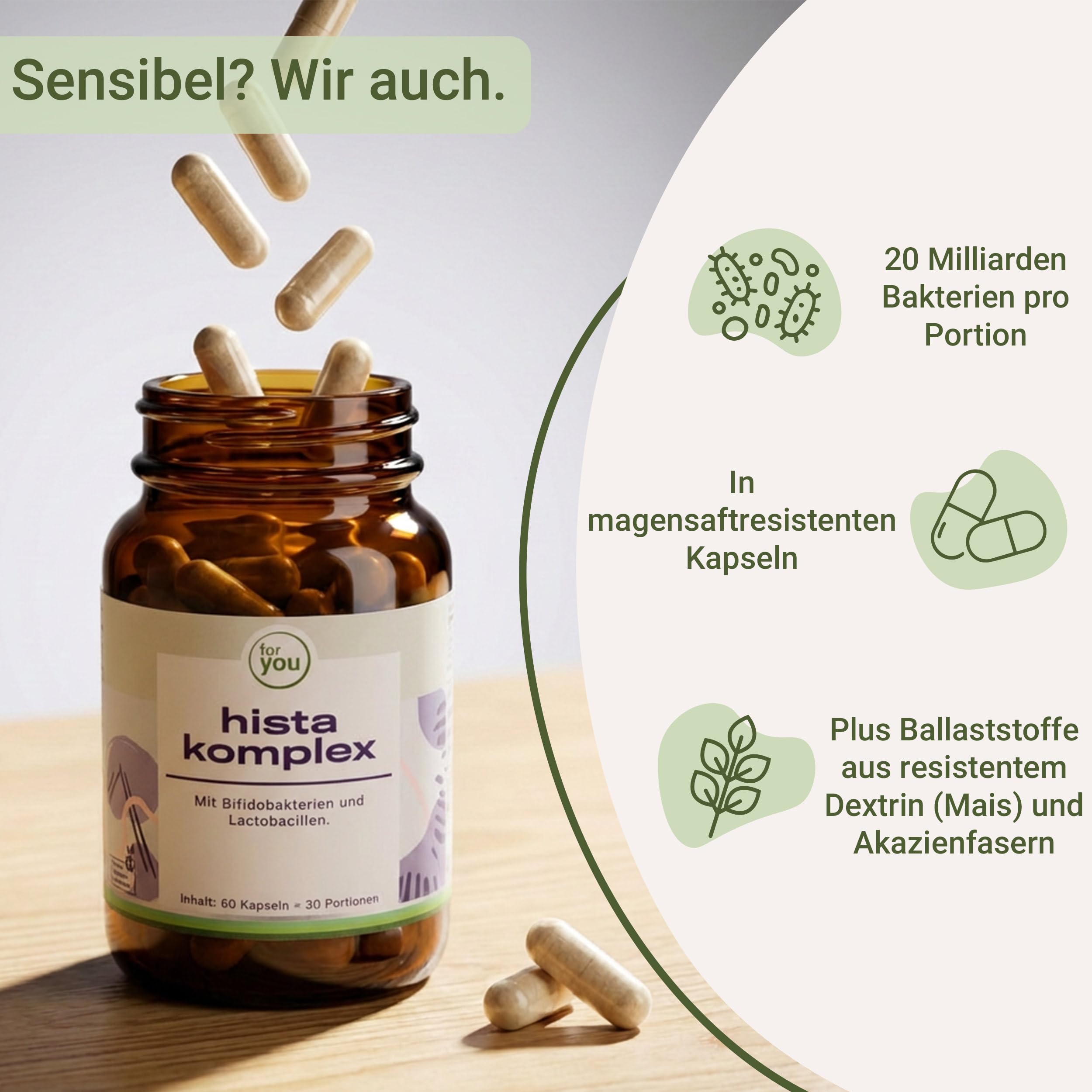 for you hista komplex - Speziell entwickelt für Menschen mit Histaminintoleranz - mit Bifidobakterien und Lactobacillen - 20 Milliarden Bakterien pro Portion Plus Ballaststoffe - 60 Kapseln