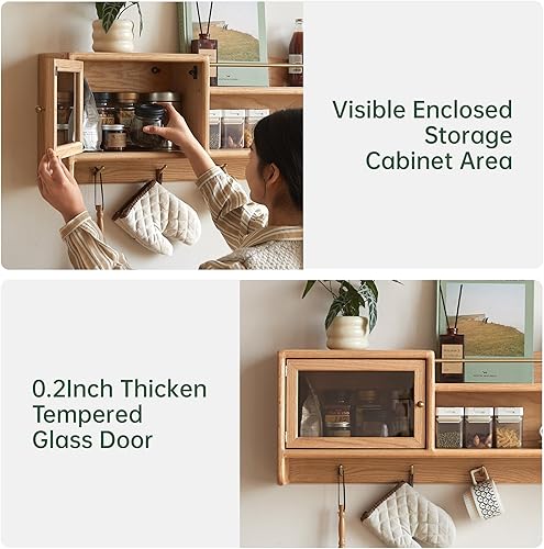 Miniatura 3 de Armario de pared 100% madera maciza, armario de pared de 39.4 pulgadas con puertas de vidrio templado y estantes ajustables y 5 ganchos, armario
