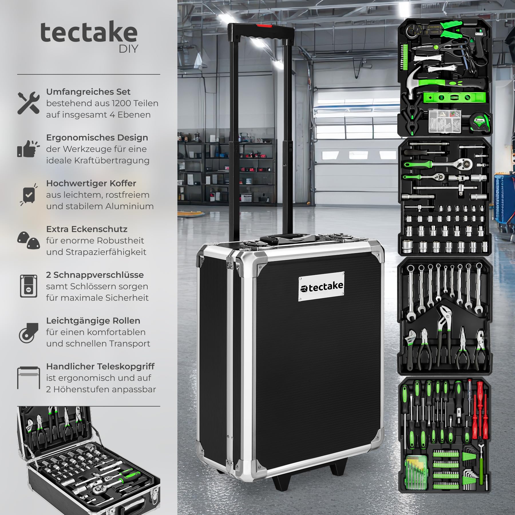 tectake® Werkzeugkoffer, Werkzeugset, Werkzeugkoffer gefüllt 1200-teilig, Werkzeugtrolley, Werkzeugkiste mit 4 Ebenen, Alu Koffer mit Rollen, Teleskopgriff, 2 Schnappverschlüsse + Schlösser - schwarz