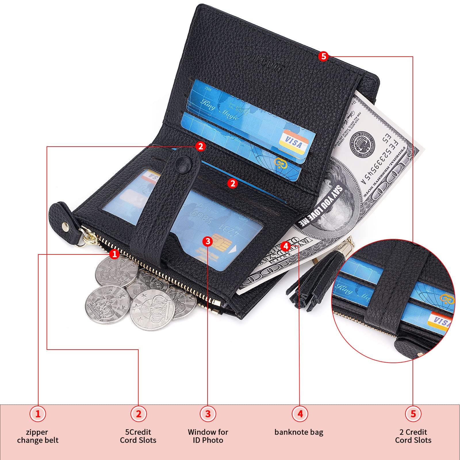 HKCLUF Portafoglio Piccolo da Donna, Porta Carte Blocco RFID Portamonete Pelle con Nappa Portafogli Cerniera Molti Scomparti(B01-Nero)