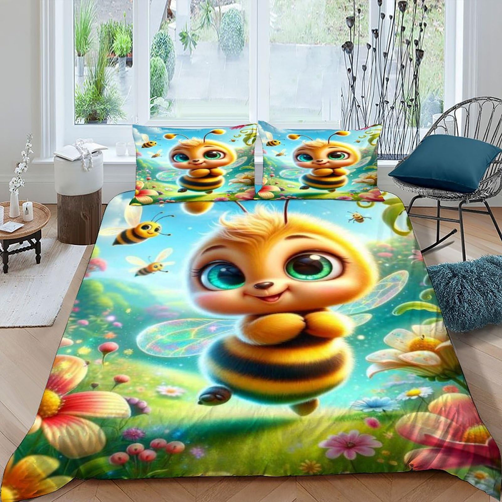 Housse de couette abeille 240x220 motif animal avec taies d'oreiller microfibre