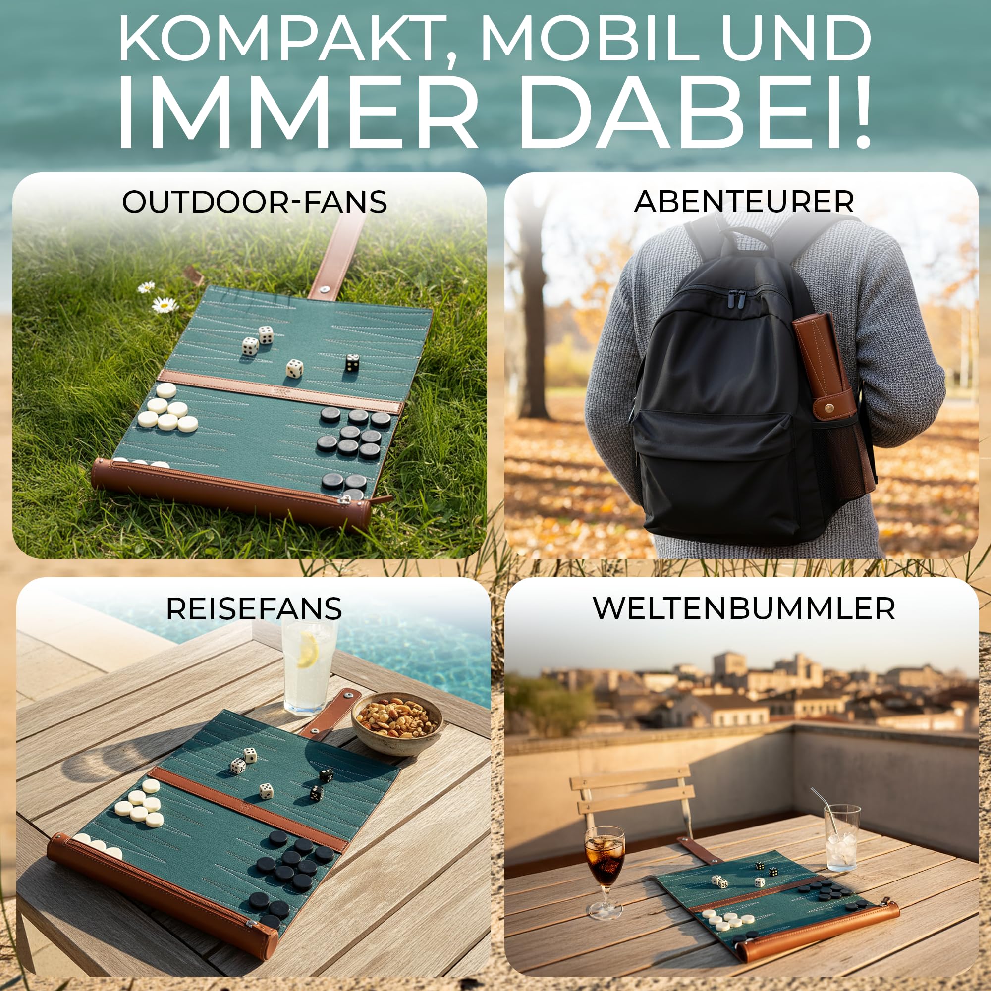 THENK Reise Backgammon – Edles Rollbares Backgammon Spiel aus Premium Kunstleder – Kompaktes Reisespiel mit Spielsteinen & Würfeln – Leicht und perfekt für Urlaub & Outdoor