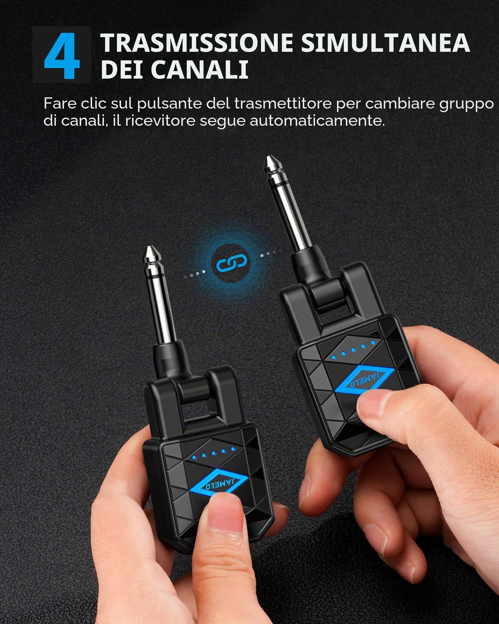 JAMELO Sistema per chitarra wireless con custodia di ricarica, ricevitore trasmettitore per chitarra, cavo jack per basso ricaricabile, 4 canali per chitarra e strumenti elettrici