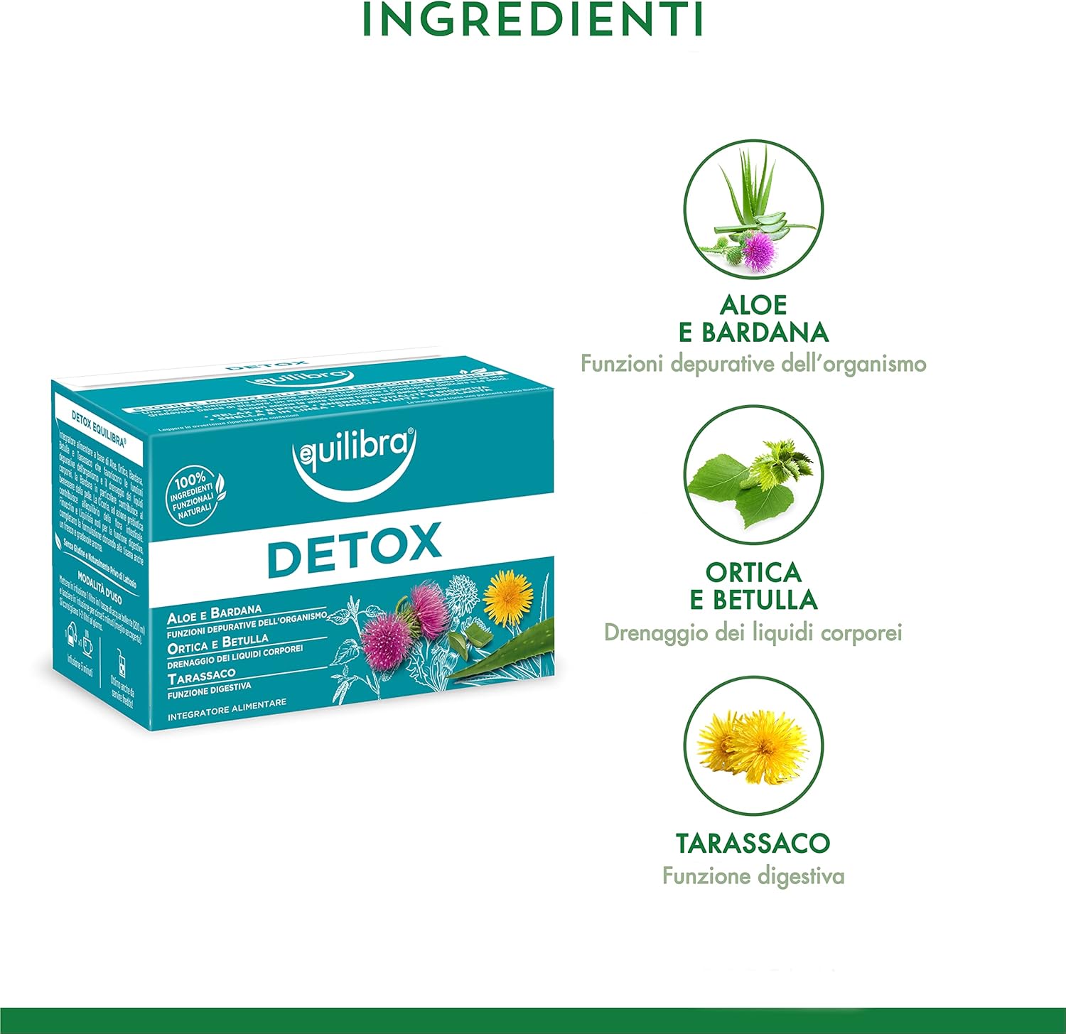 equilibra Integratori Alimentari Tisane, Tisana Detox, 100% Ingredienti Funzionali, Drenante, con Aloe Vera, Ortica, Bardana, Betulla e Tarassaco, Materiali 100% Riciclabili, 3 Pezzi da 15 Filtri Detox 15 unità (Confezione da 3) - Immagine 2