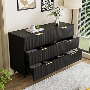 KAZZIO Aparador elegante con diseño moderno, cómoda con cajones y mucho espacio de almacenamiento (negro)