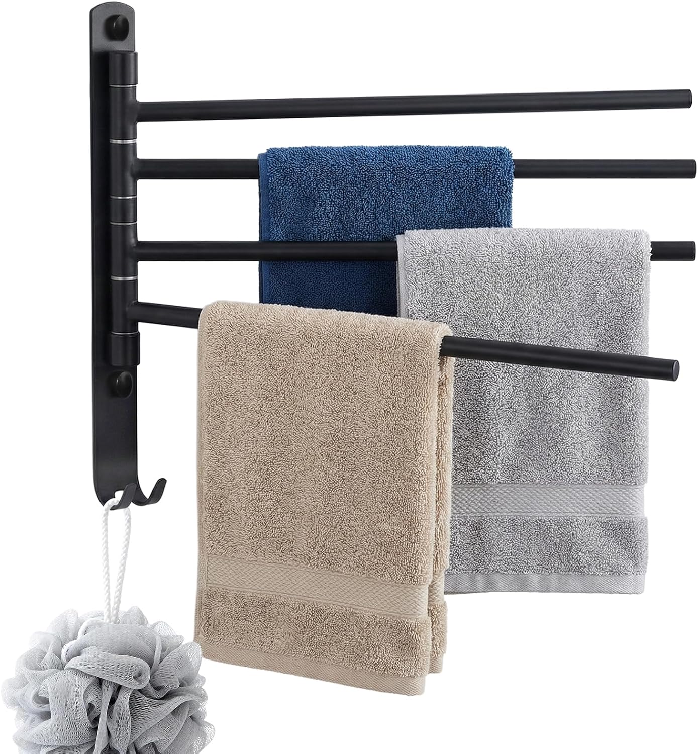Black Swivel Towel Rack for Bathroom, Wall Mounted 4 Bar Vertical Towel Drying Rack with Hooks, Foldable Stainless Steel Towel Holder for Kitchen, RV, Shower, Pool & Laundry Room
