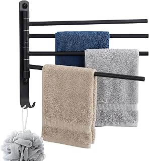 Black Swivel Towel Rack for Bathroom, Wall Mounted 4 Bar Vertical Towel Drying Rack with Hooks, Foldable Stainless Steel Towel Holder for Kitchen, RV, Shower, Pool & Laundry Room