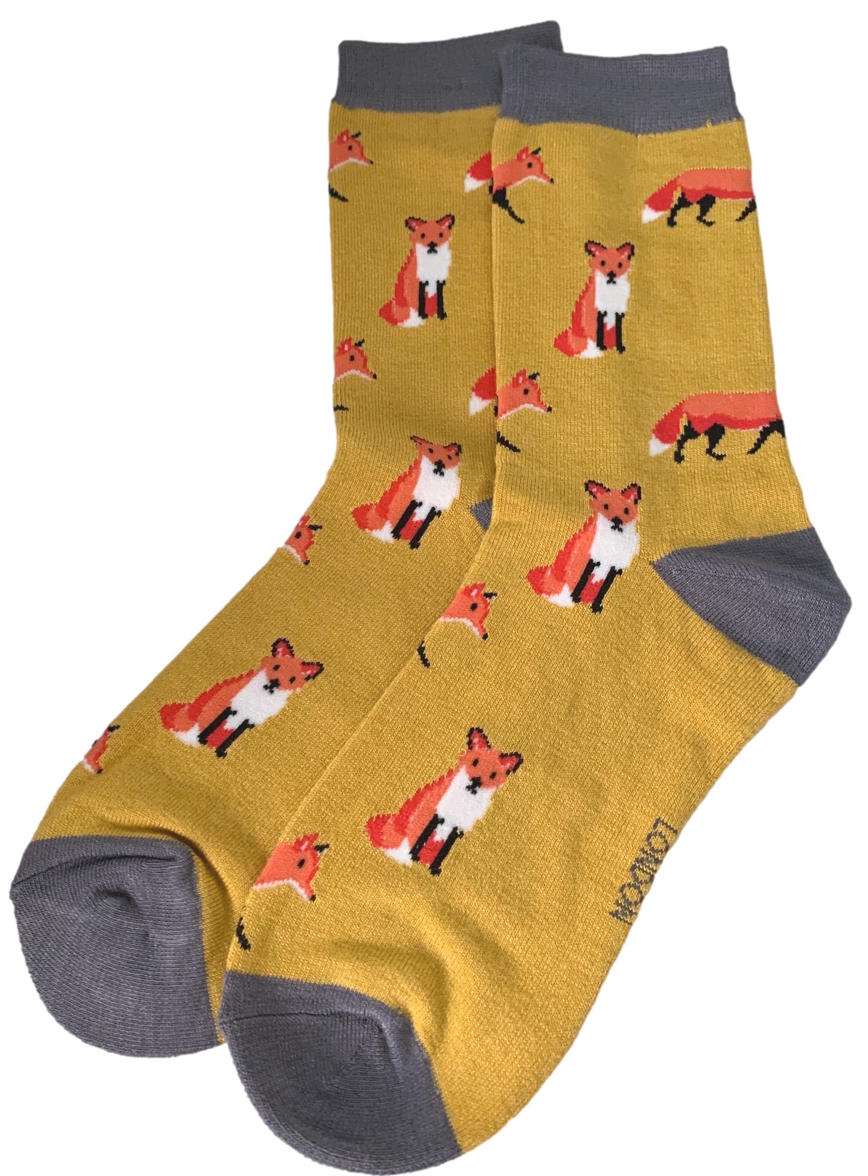Purple Possum® Fox Socks Ladies Mustard Yellow Orange Foxes Cotton Bamboo Blend Soft Sock UK Shoe Size 4-7 Gift Idea (Grey)