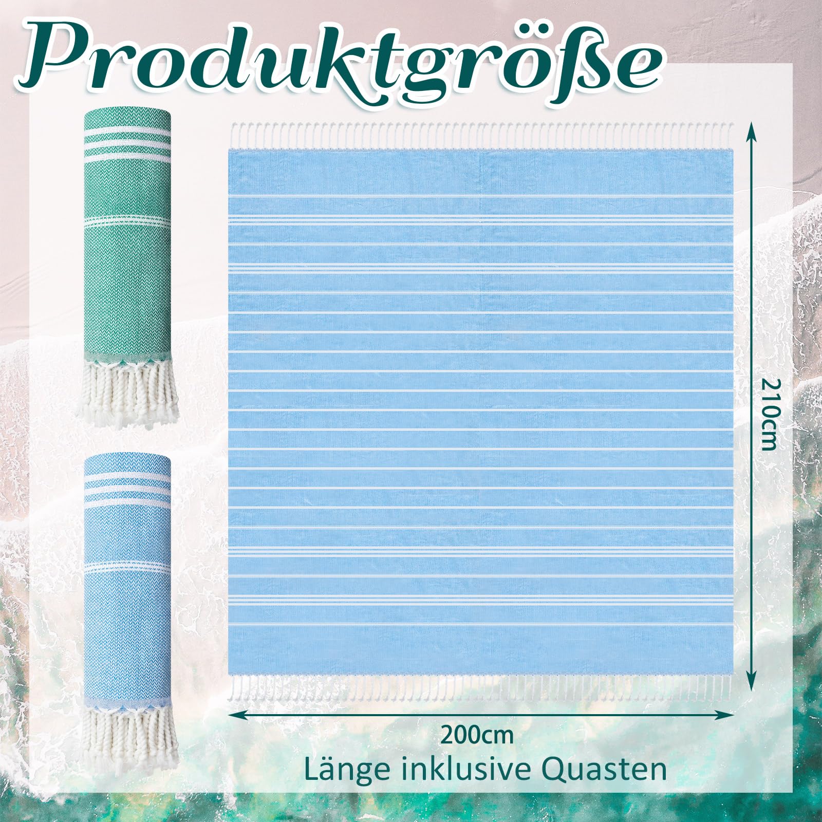 Nuenen 2 Toallas de Baño Sauna Turco Suaves Playa Toalla de Hammam Grande Absorbente Ligera Compacta para SPA Ducha Yoga(200 x 200 cm,Azul, Verde)