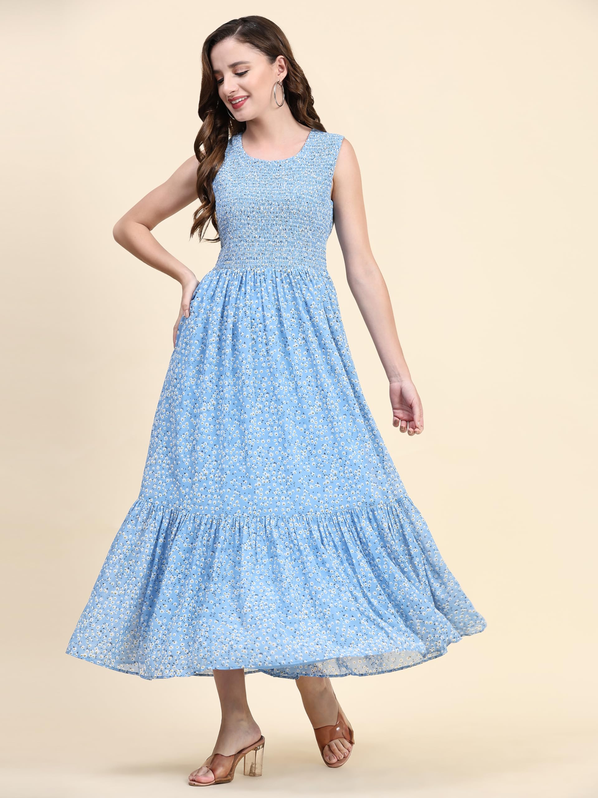 Toochki Women's Sky Blue Georgette Floral Tiered Western Dress | Dress For Women | A Line Dress | Winter Dress | Western Dress | Latest Women Dress | Trendy Dress | Midi Dress