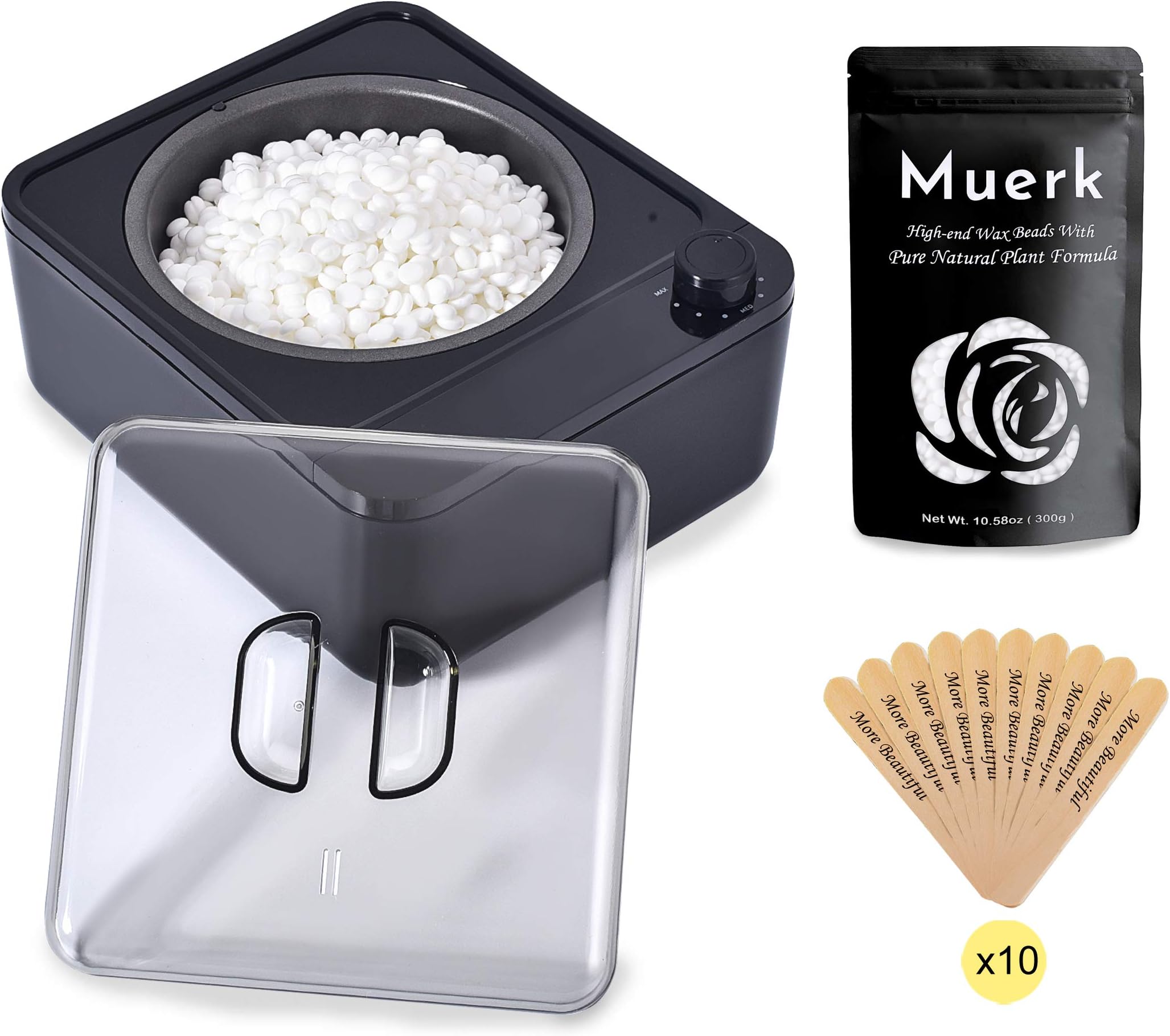 Waxing Kit, Muerk Home Wax Warmer for Hair Removal with Large bag Hard Wax Beans（10.58oz）10 Wax Applicator Sticks for Full Body, Face, Legs, Eyebrows, Bikini Painless At Home Wax Warmer Kit Women Men