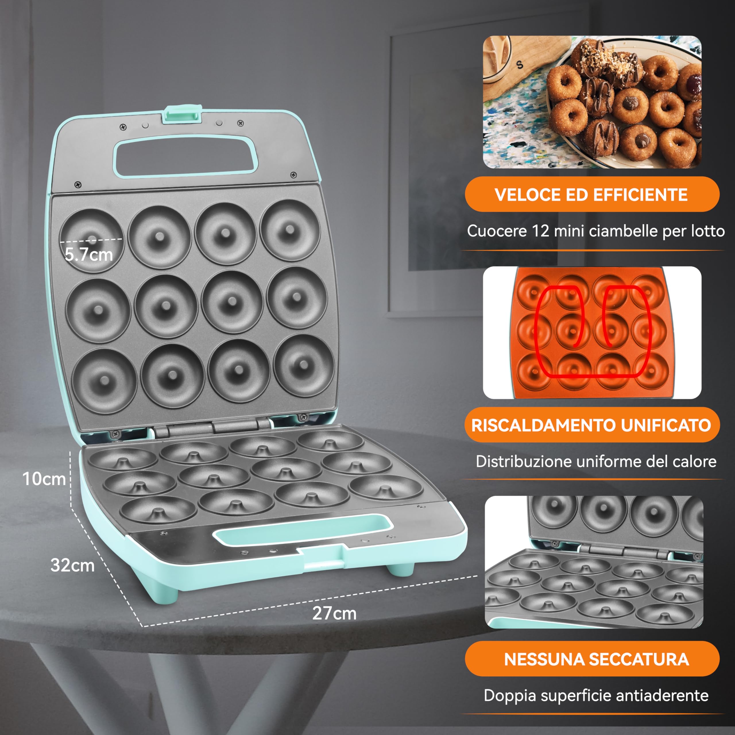 Baker's Friend macchina per mini ciambelle, donut maker, prepara 12 mini ciambelle, perfette per colazioni, spuntini, dolci e altro, Aqua