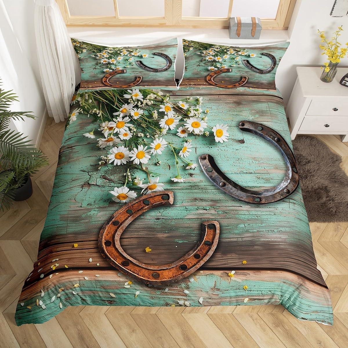 Rustic Farmhouse Duvet Cover Queen Size Horseshoe Western Cowboys Comforter Cover Daisy Flowers Countryside Bedding Set 3pcs for Kids Teens Adults Room Decor Romantic Cyan Quilt Cover,2 Pillowcases