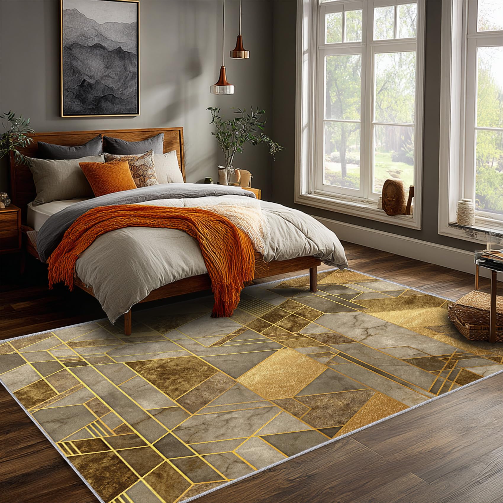 Marmor Teppich 200 x 200 cm Wohnzimmer Mit Gold Gelb Modern Geometrisch Muster, Marmor Bettvorleger Schlafzimmer Deko, Waschbar Teppiche Gegend Kurzflor rutschfest