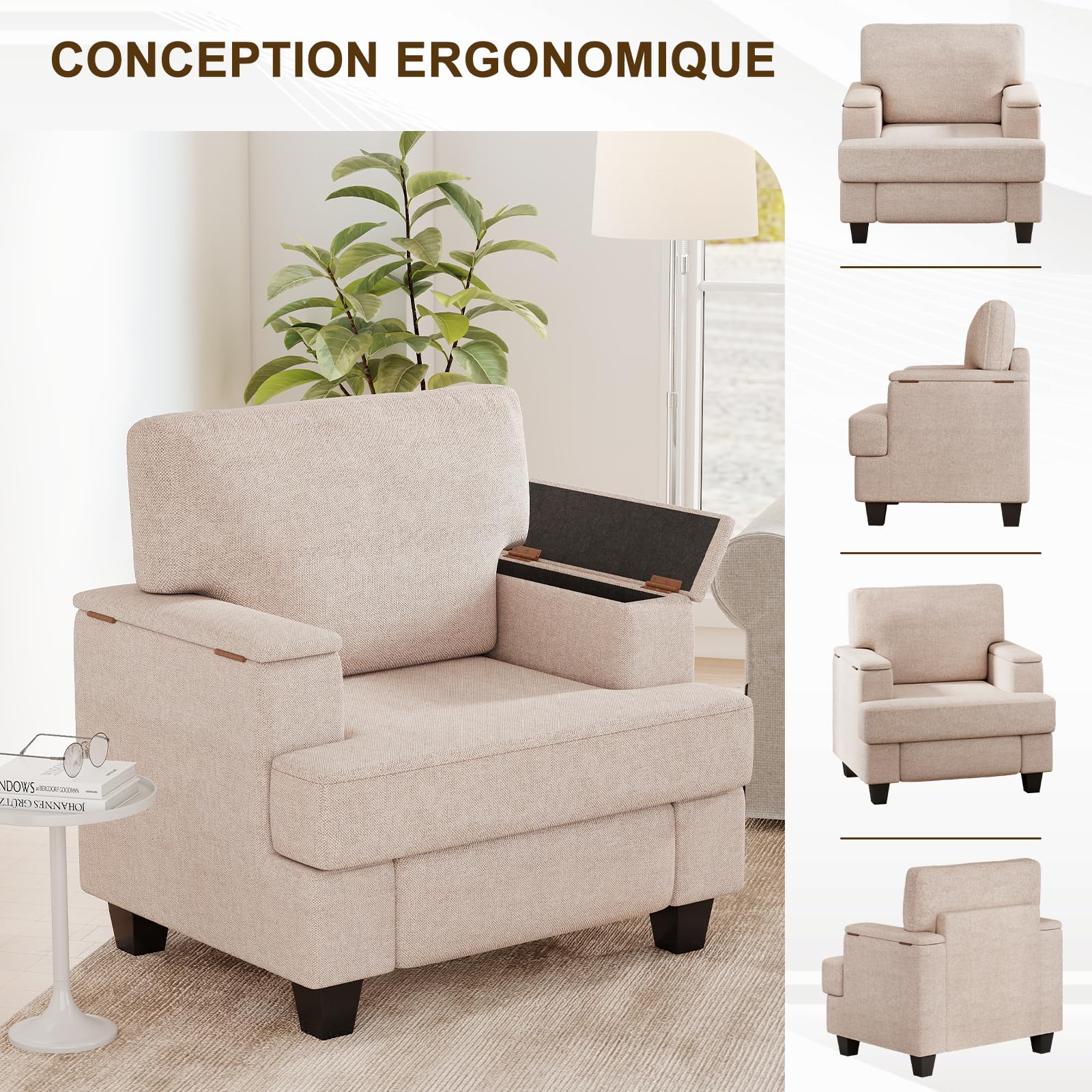 Extra-Larges Fauteuil Salon Rangement, Fauteuil Relax Rembourré avec Accoudoirs avec Rangement & Dossier Amovible, Fauteuil Relaxation avec Cadre en Bois pour Salon, Chambre à Coucher, Beige