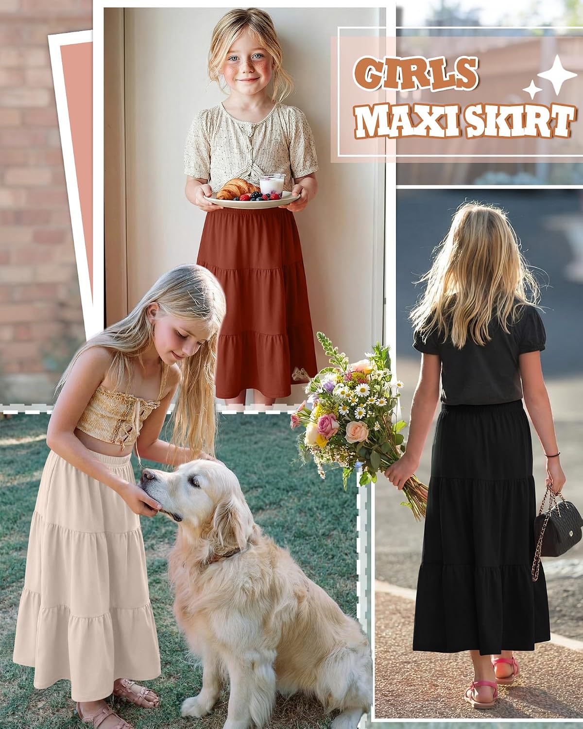 3 Pack Girls Maxi Skirts Kids Summer Skirt | Teens School Uniform Long Skirts, Tiered Ruffle Elastic Waist Clothes with Pockets, Tween Flowy Casual Beach Outfits 5-14y