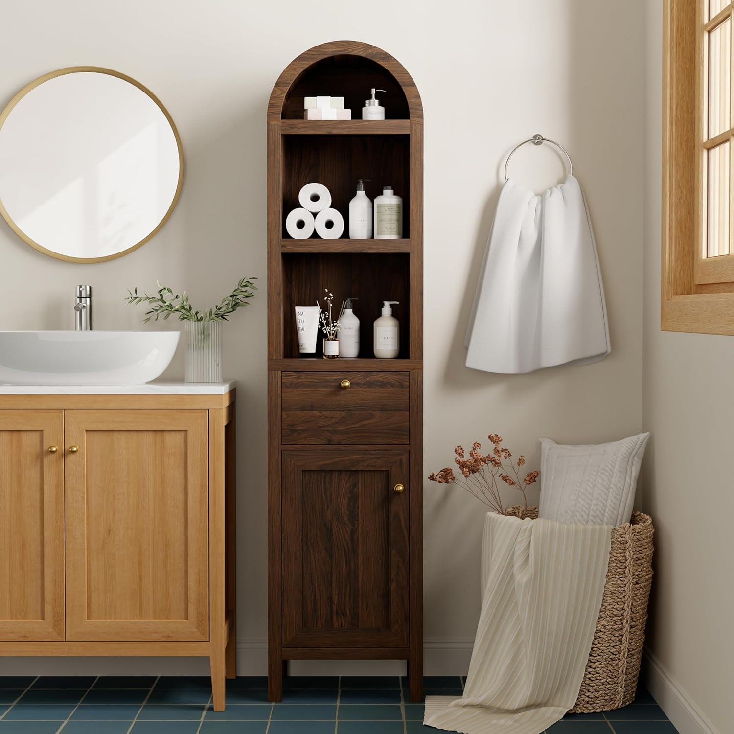 Farmhouse Arched Storage Cabinet 67", Narrow Tall Bathroom Cabinet for Kitchen, Hallway, with Adjustable Shelves & Smooth-Glide Door, Easy Assembly, Brown