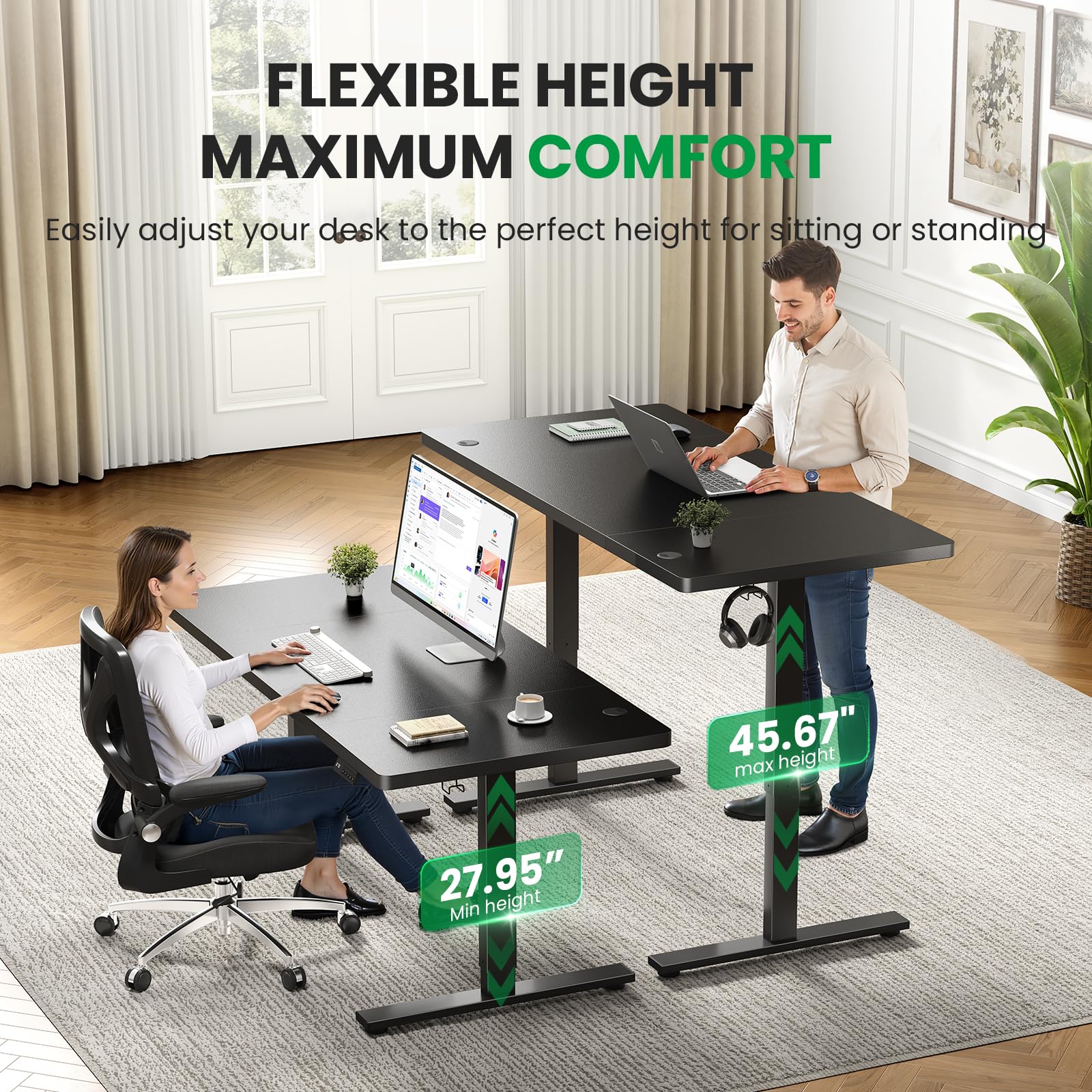 Electric Standing Desk Adjustable - 60x28 Inch Sit Stand Desk with 1 Inch Thick Tabletop Double Beam Frame — view 6