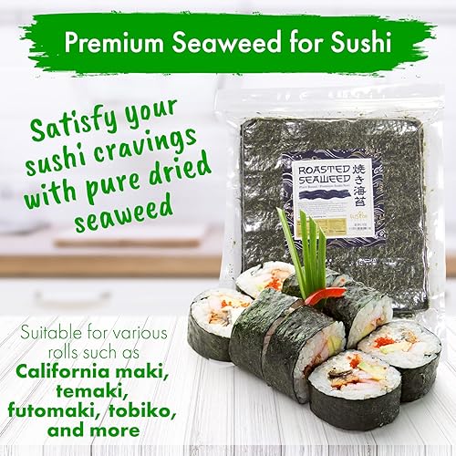 Miniatura 5 de Fusion Select Hojas de algas tostadas para rollos de sushi, hojas de nori japonesas para sushi, rollo de California, Onigiri, Musubi, Maki, Bento