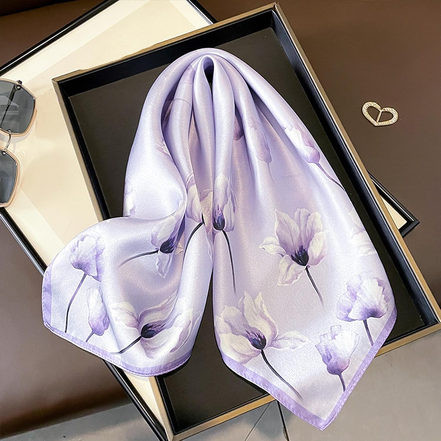 100% Mulberry Silk Neck Scarf - 21"x21" Small Printed Square Neckerchief Scarves for Women Gift Packed