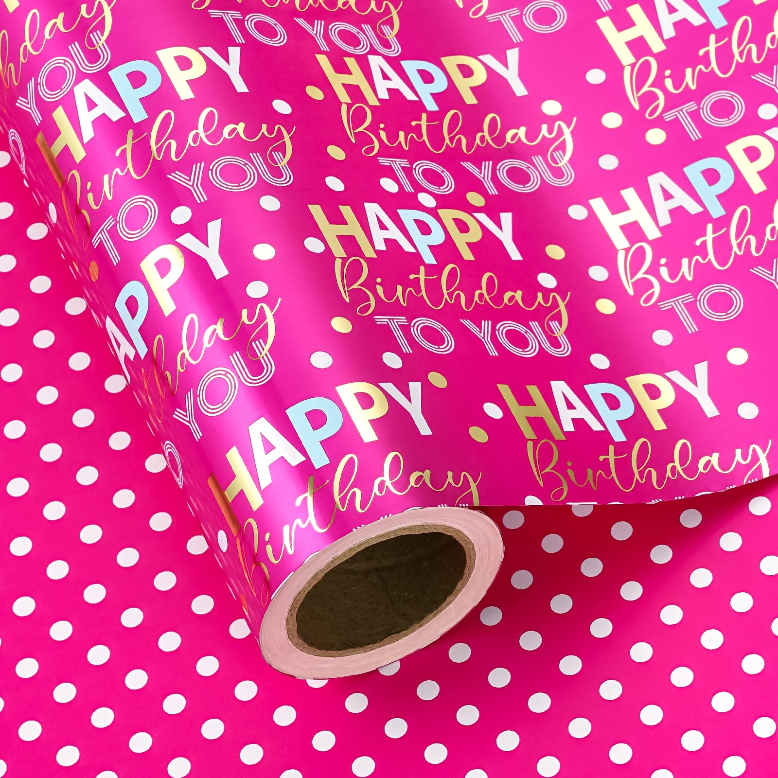 WRAPAHOLIC Papel de regalo de cumpleaños reversible jumbo, 30 pulgadas x 33 pies, papel de regalo de feliz cumpleaños rosa intenso y dorado para niñas, mujeres, niños, baby shower