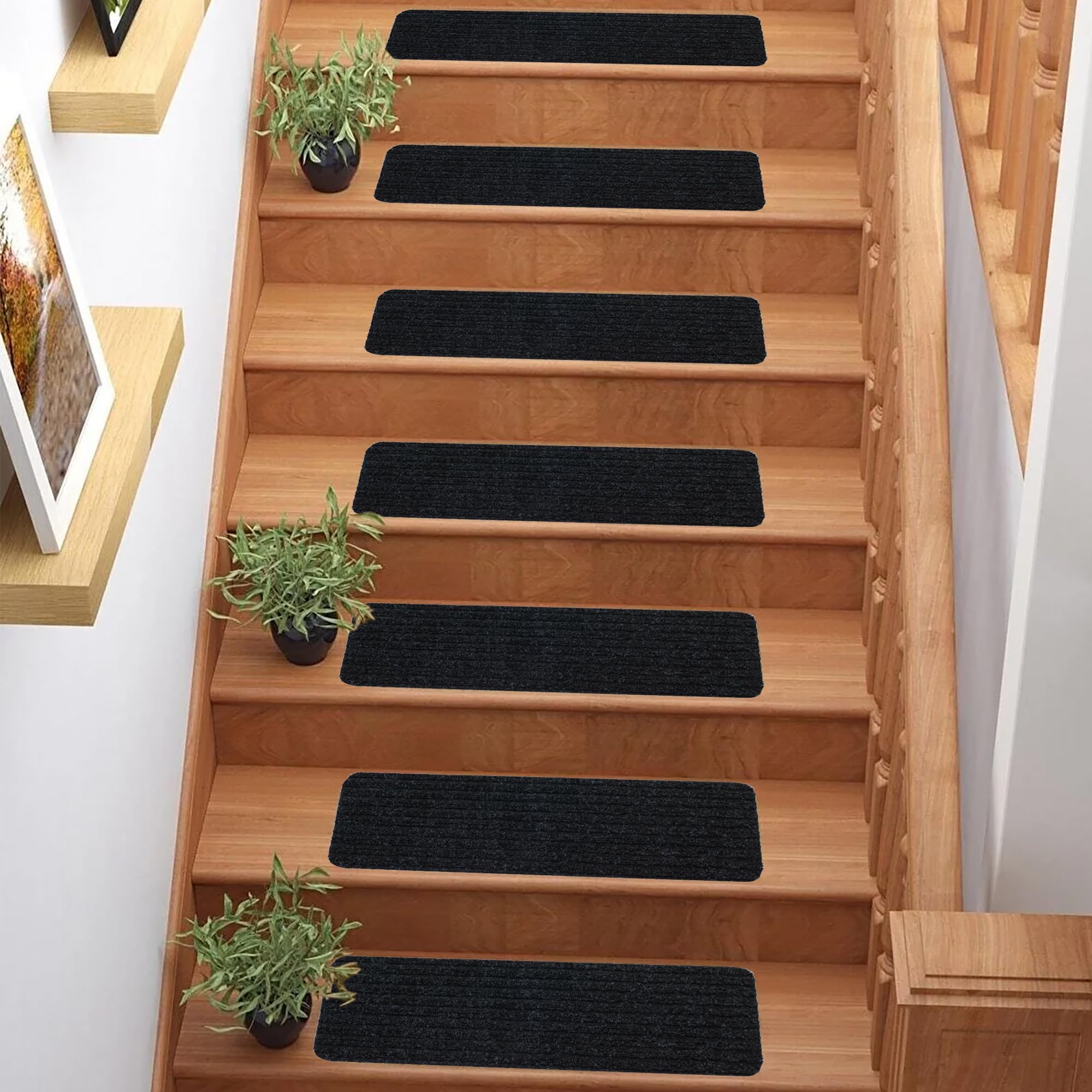 English Home Anti-Slip Low Pile Striped Design Outdoor/Indoor Stair Treads (Black, 7" x 24", Set of 13)