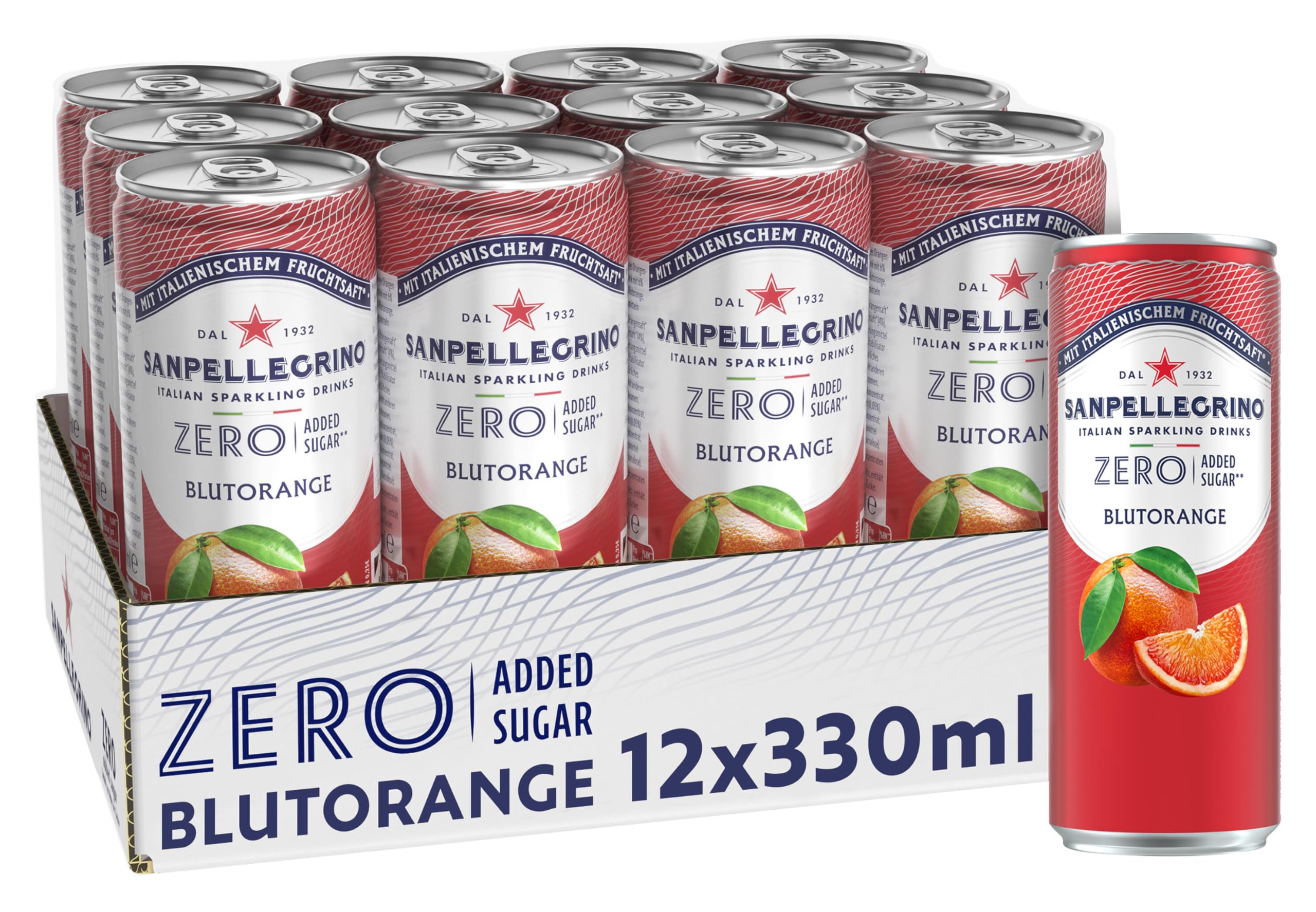 San Pellegrino Blutorange Zero Added Sugar, Blutorangen-Limonade mit 10% Fruchtsaft, ohne Zuckerzusatz, 12er Pack (12 x 330ml) Einweg-Dosen